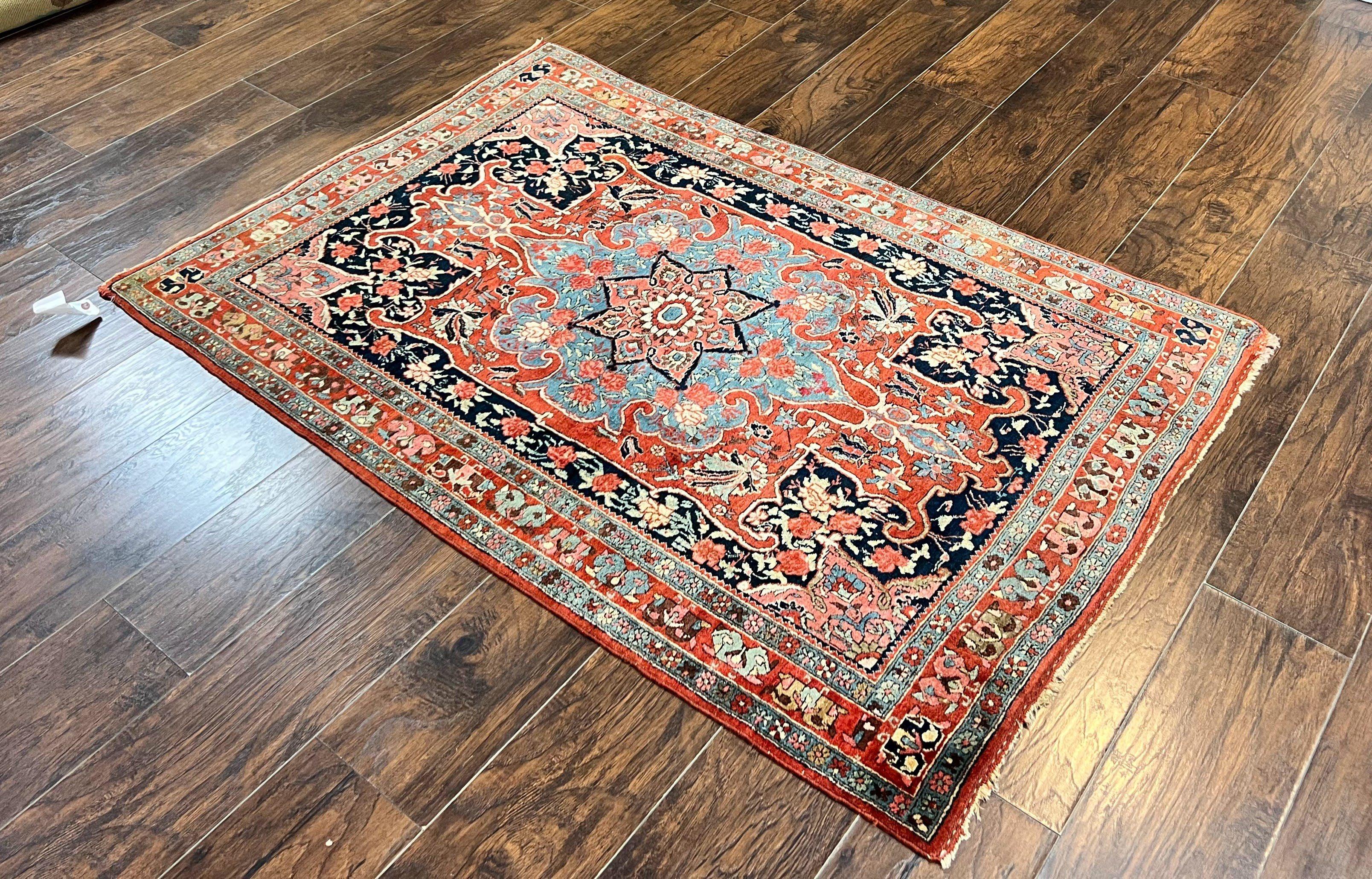 Antique Persian Bidjar Rug 4x5, Red and Blue, Hand Knotted Wool Carpet