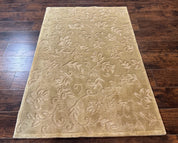 Modern Tibetan Rug 3.7 x 5.5, Carved Floral Design, Wool and Silk Highlights