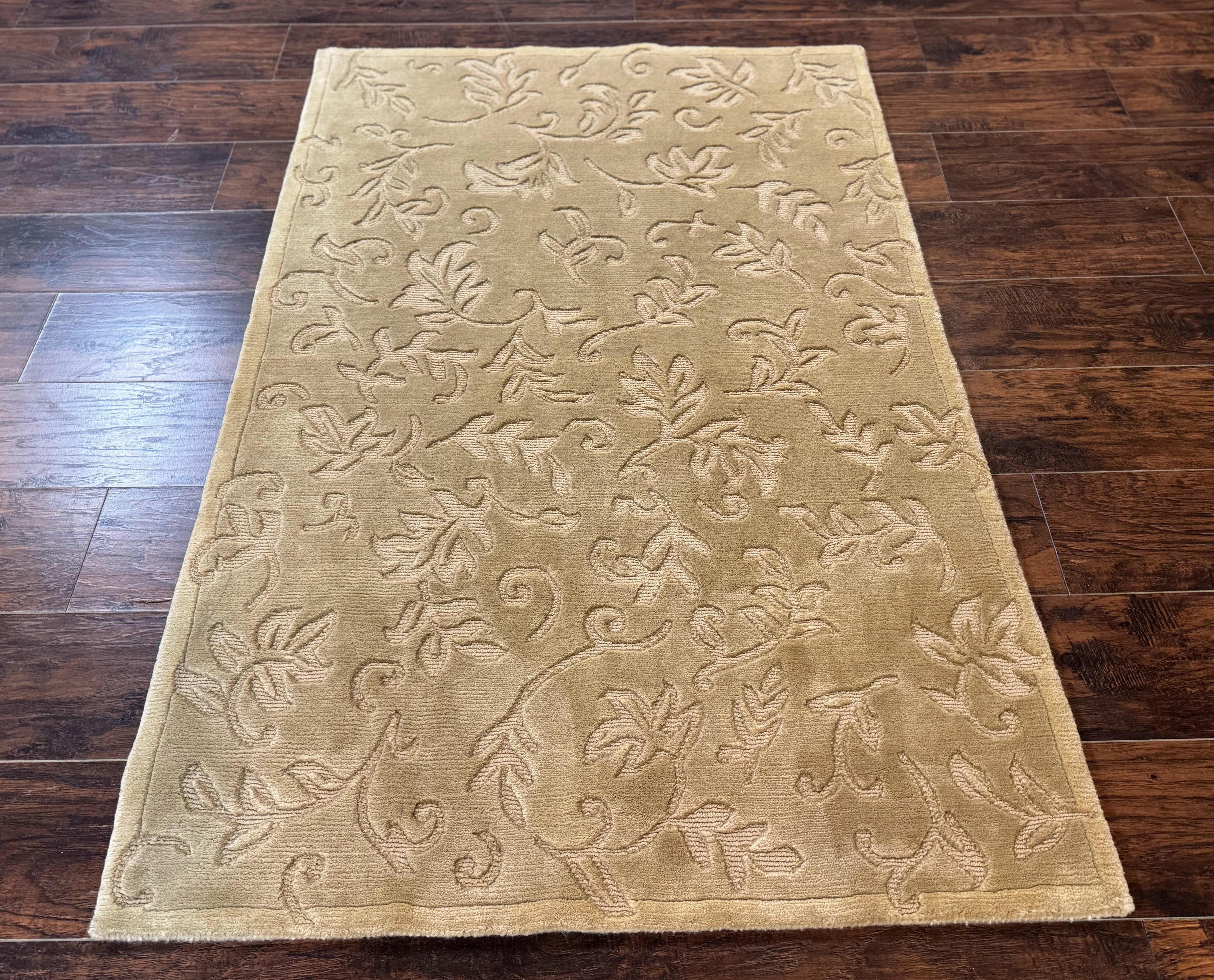 Modern Tibetan Rug 3.7 x 5.5, Carved Floral Design, Wool and Silk Highlights