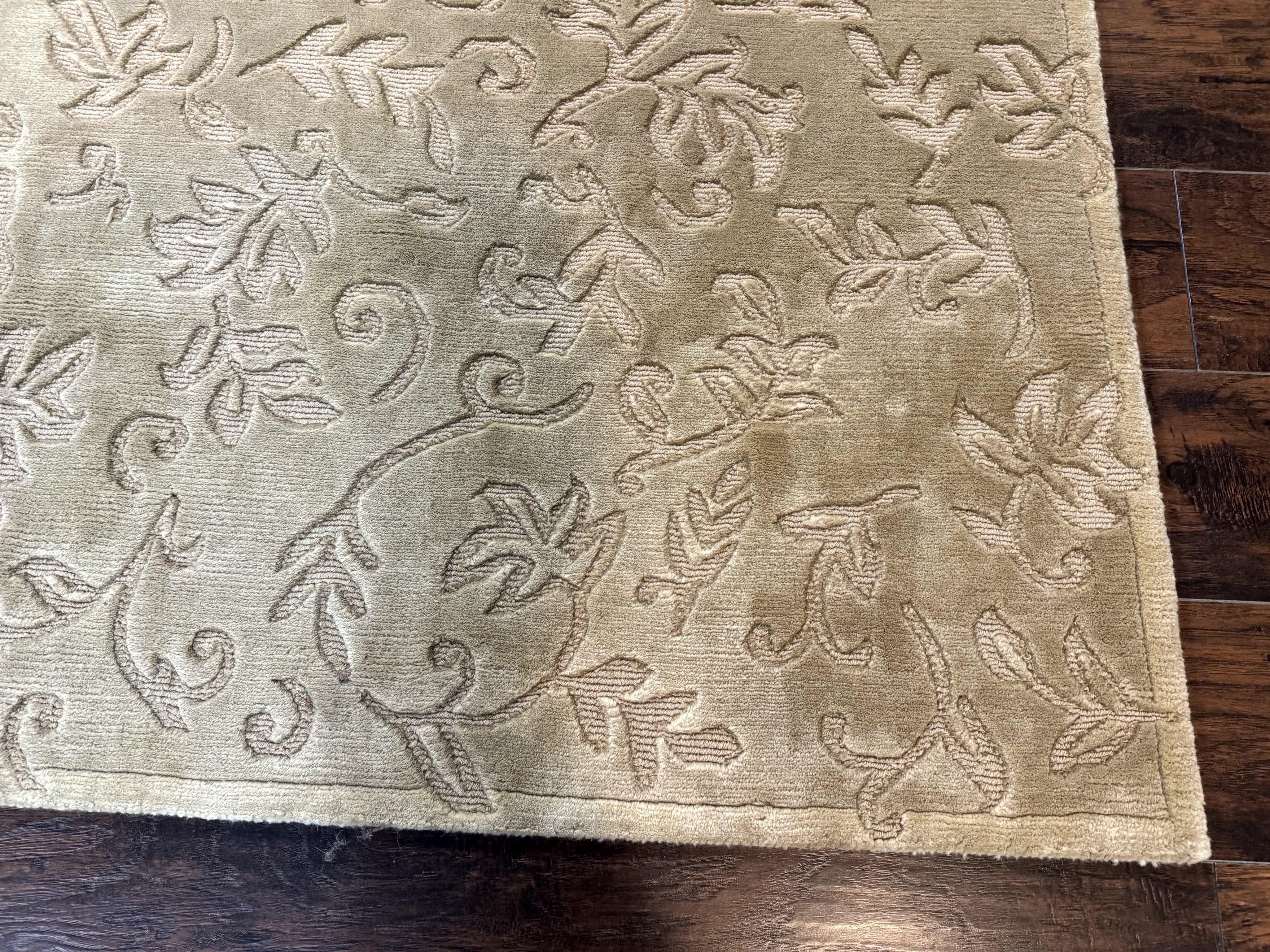 Modern Tibetan Rug 3.7 x 5.5, Carved Floral Design, Wool and Silk Highlights