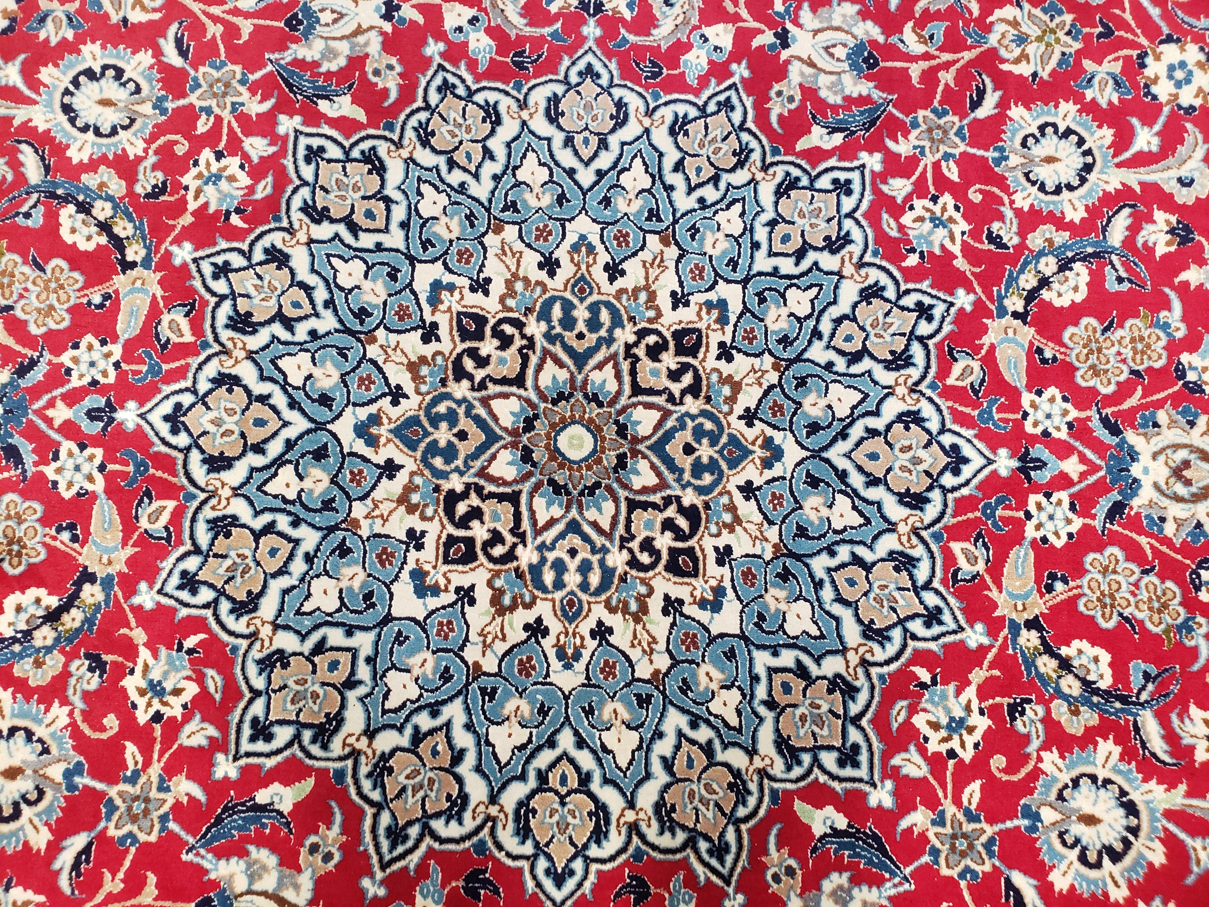 Persian Nain Rug 8x12, Red and Ivory, Signed