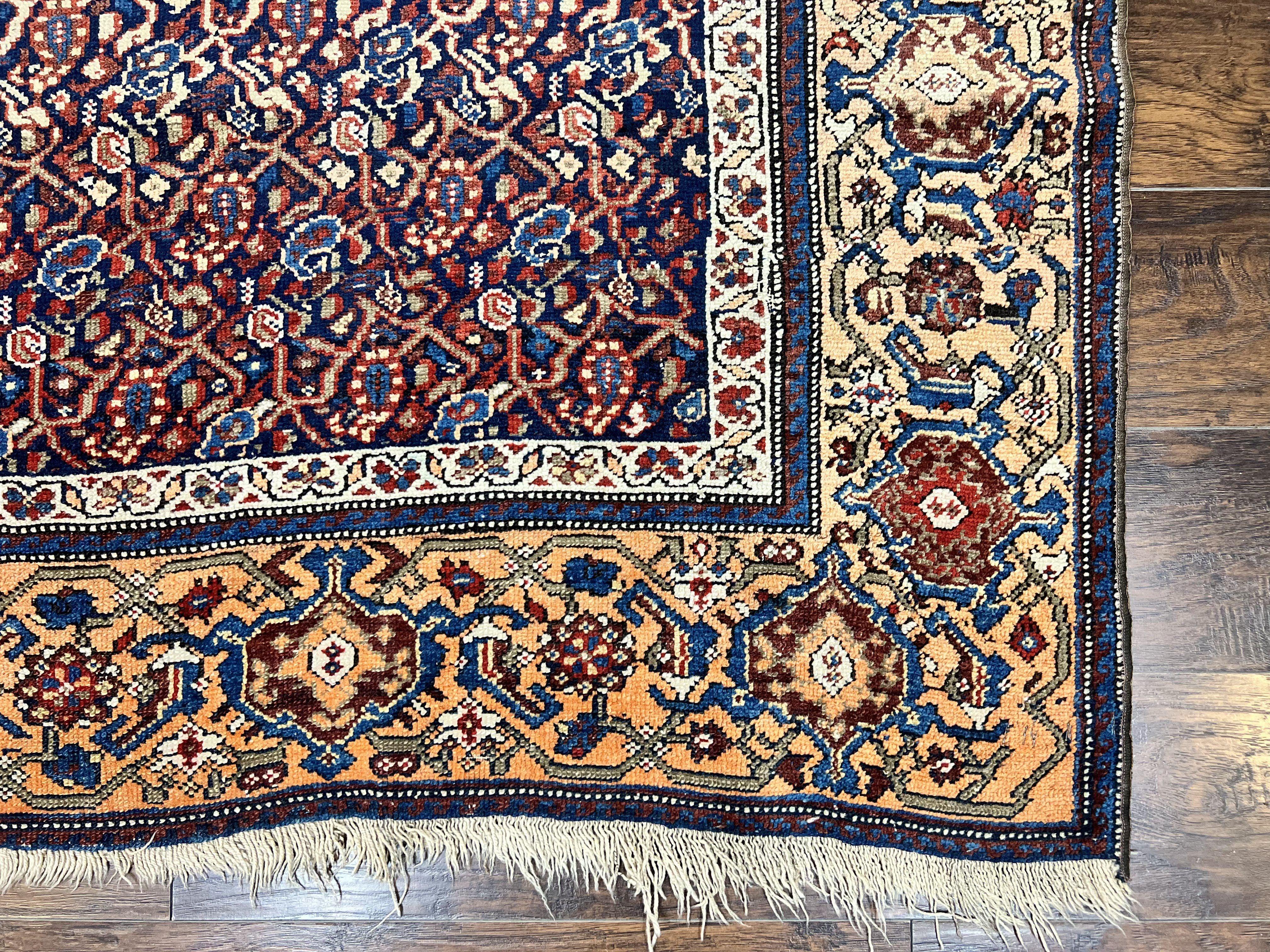 Persian Senneh Rug 4x8, Wool Hand Knotted Antique Kurdish Carpet, Navy Blue Oriental Area Rug, 4 x 8 Rug
