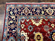 Indo Heriz Rug 8x10, Red and Navy Blue, Allover Pattern, Wool Handmade Carpet
