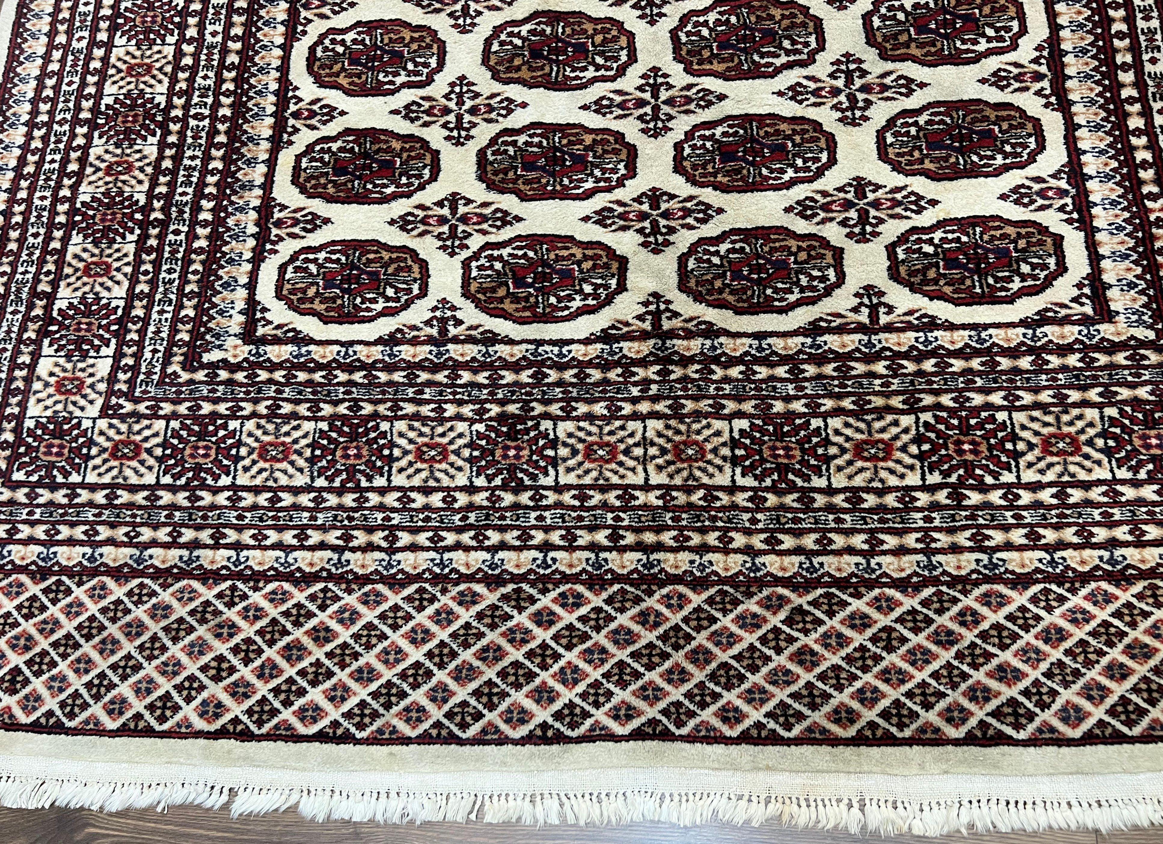 Pakistani Turkoman Rug 6x9, Cream and Red Hand Knotted Wool Oriental Carpet, Yamud Rug, Tribal Rug 6 x 9, Bohemian Area Rug, Bokhara Rug