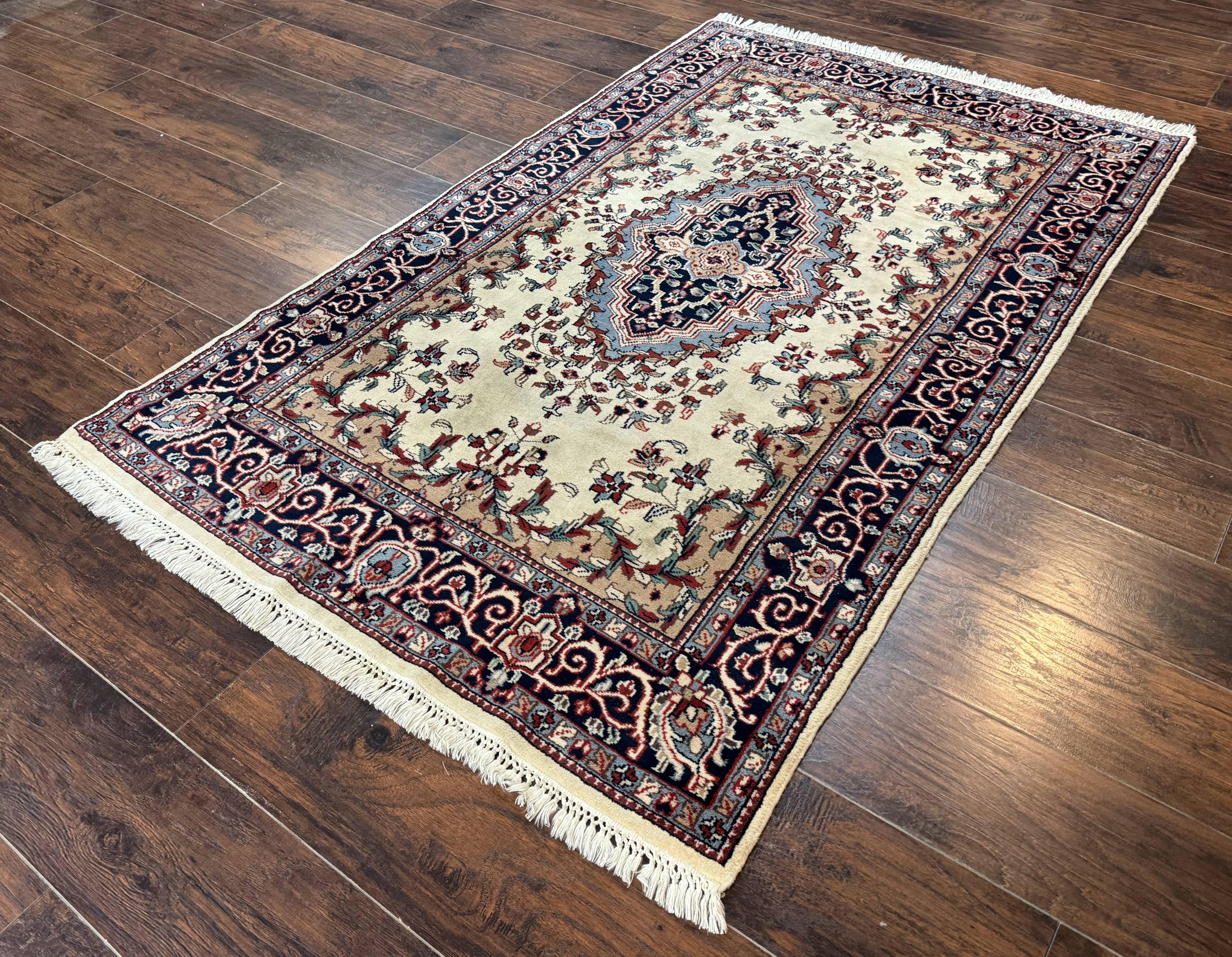 Indian Kashmiri Rug 4x6, Ivory Beige Navy Blue, Traditional Indo Persian Rug