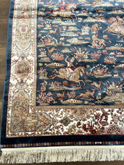 Turkish Silk Hunting Design Rug 4x6, Dark Steel Blue & Ivory, Bamboo Silk, New