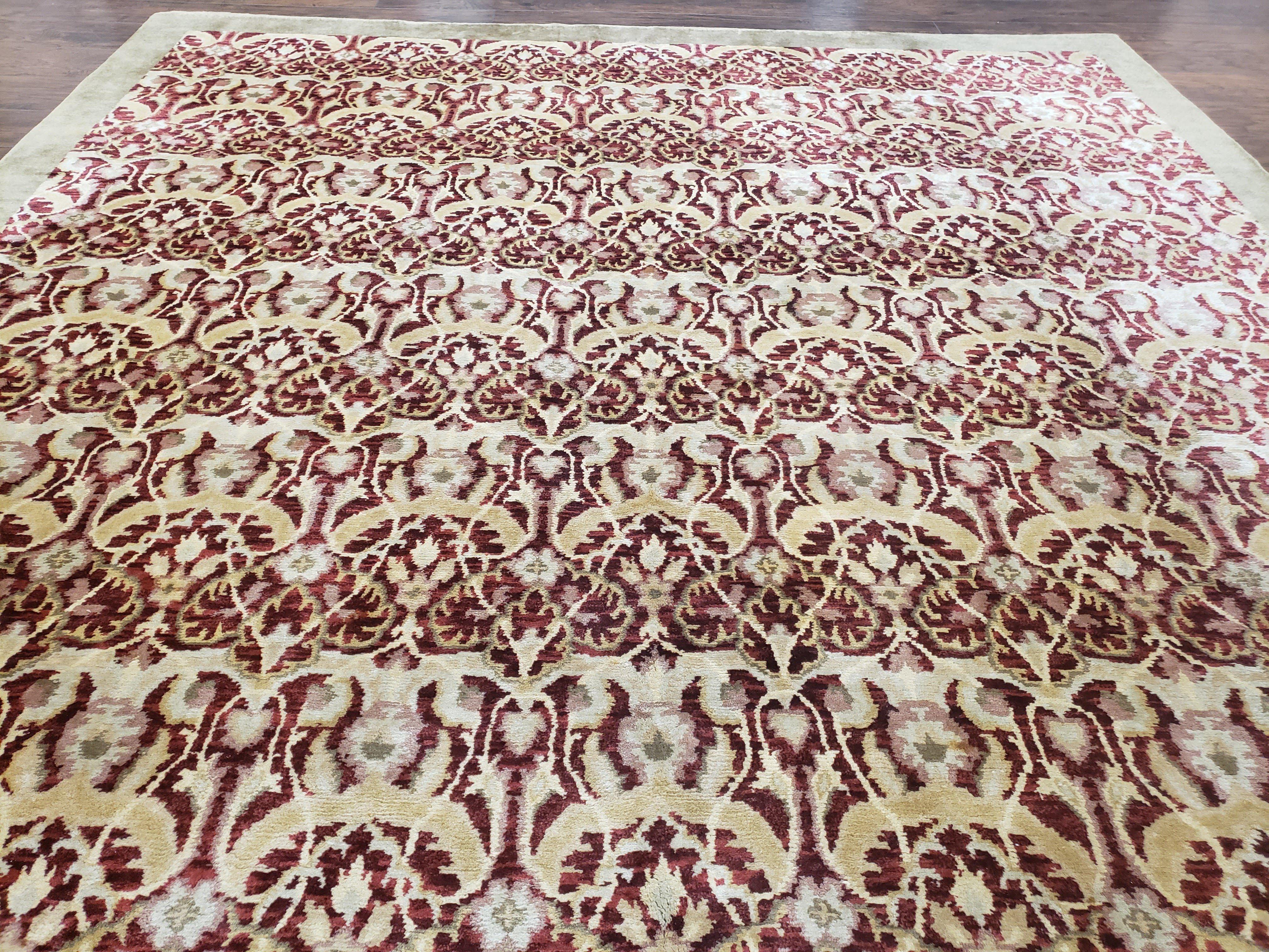 Contemporary Indian Nepalese Room Sized Rug 9 x 11.6, Wool Hand-Knotted Dark Red & Beige Soft Carpet, 9 x 12 Masterloom Living Room Rug