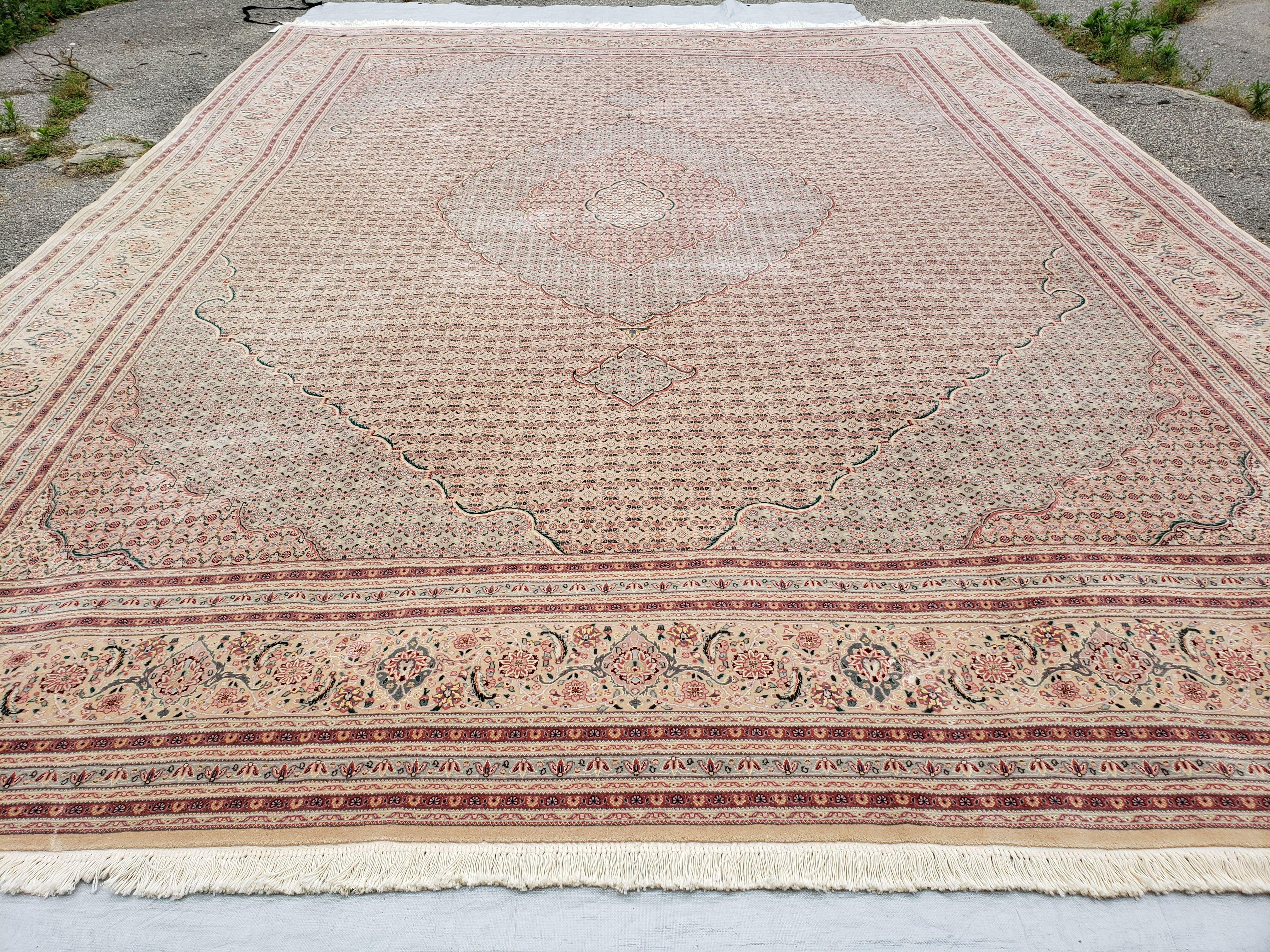 Stunning Oversized Sino Persian Oriental Rug 12x15, Hand Knotted Wool & Silk Palace Sized Carpet, Mahi Pattern, Very Fine, Peach Beige, Wow