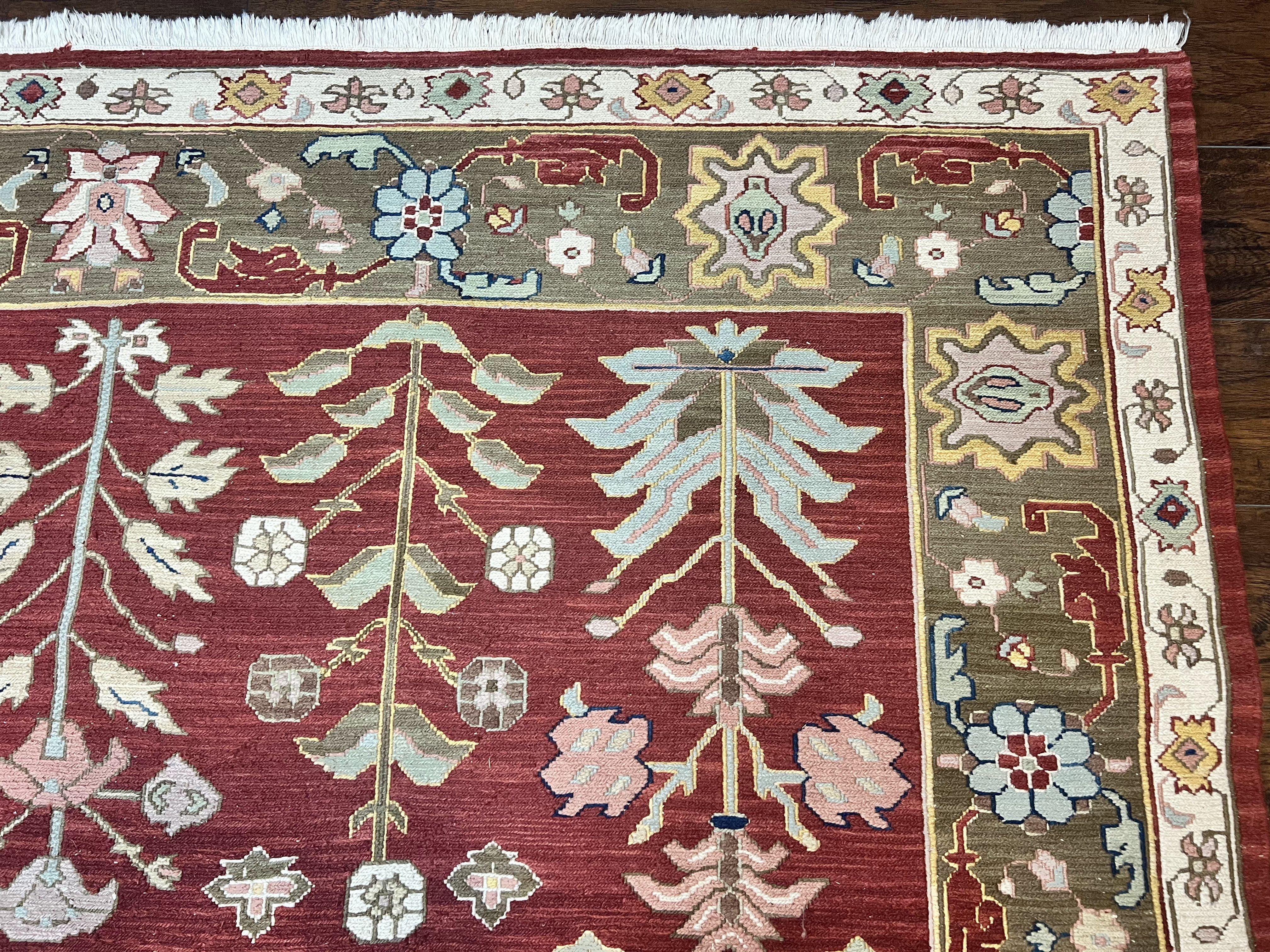 Indian Rug 10x14, Wool Hand Knotted Flatweave Carpet, Tree of Life, Red and Green