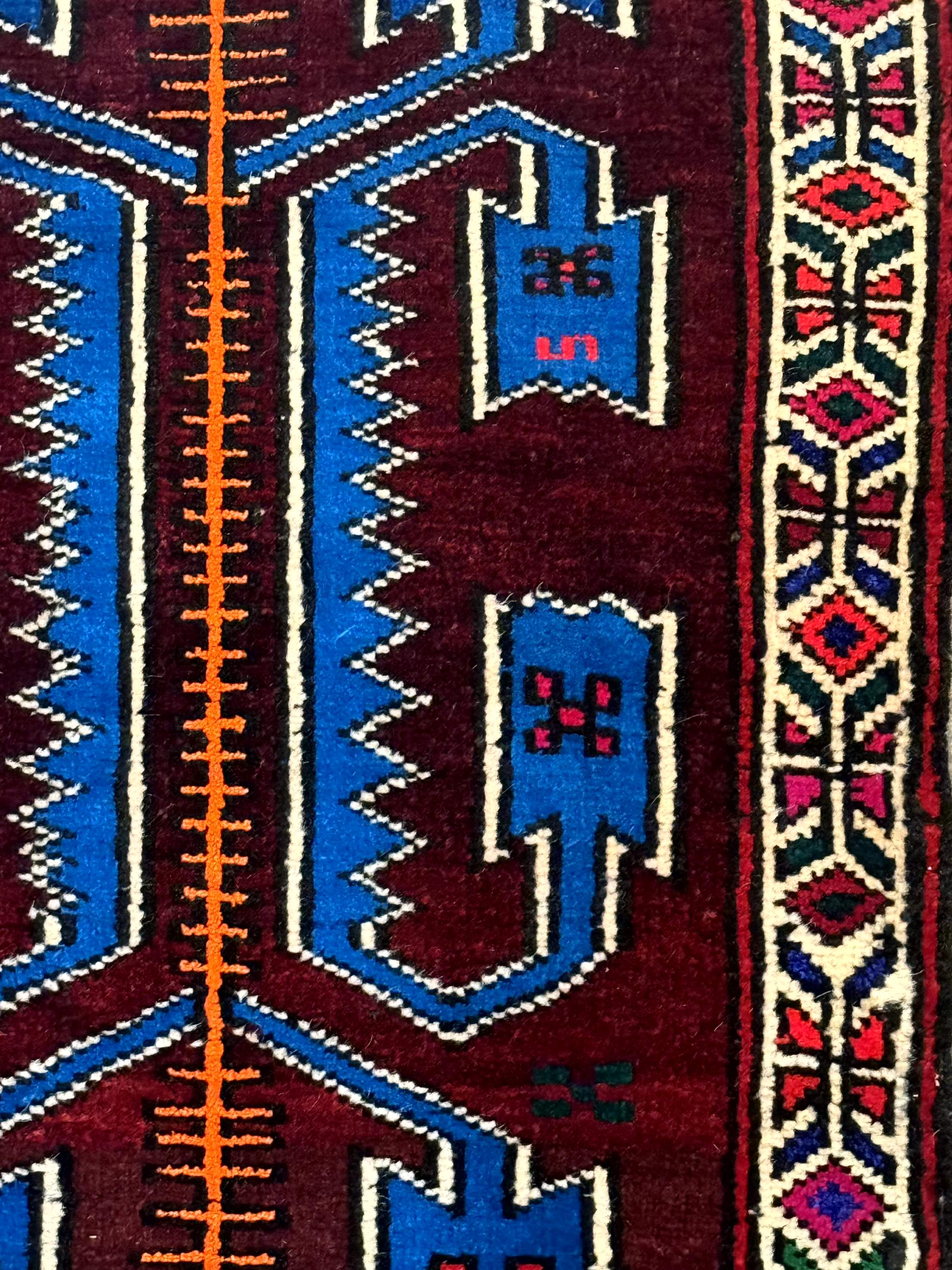Persian Tribal Rug 1.8 x 2, Small Balouchi Rug, Unique Design, Burgundy and Blue