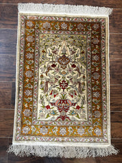 Silk Turkish Hereke Rug 2x3, Birds Lantern Very Fine 400 KPSI, Signed by Masterweaver, Wonderful, Rare, Small Hereke Rug