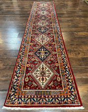 Antique Persian Qashqai Runner Rug 3 x 13 ft, Tribal Runner, Geometric Medallions, Red Ivory Blue, Wool