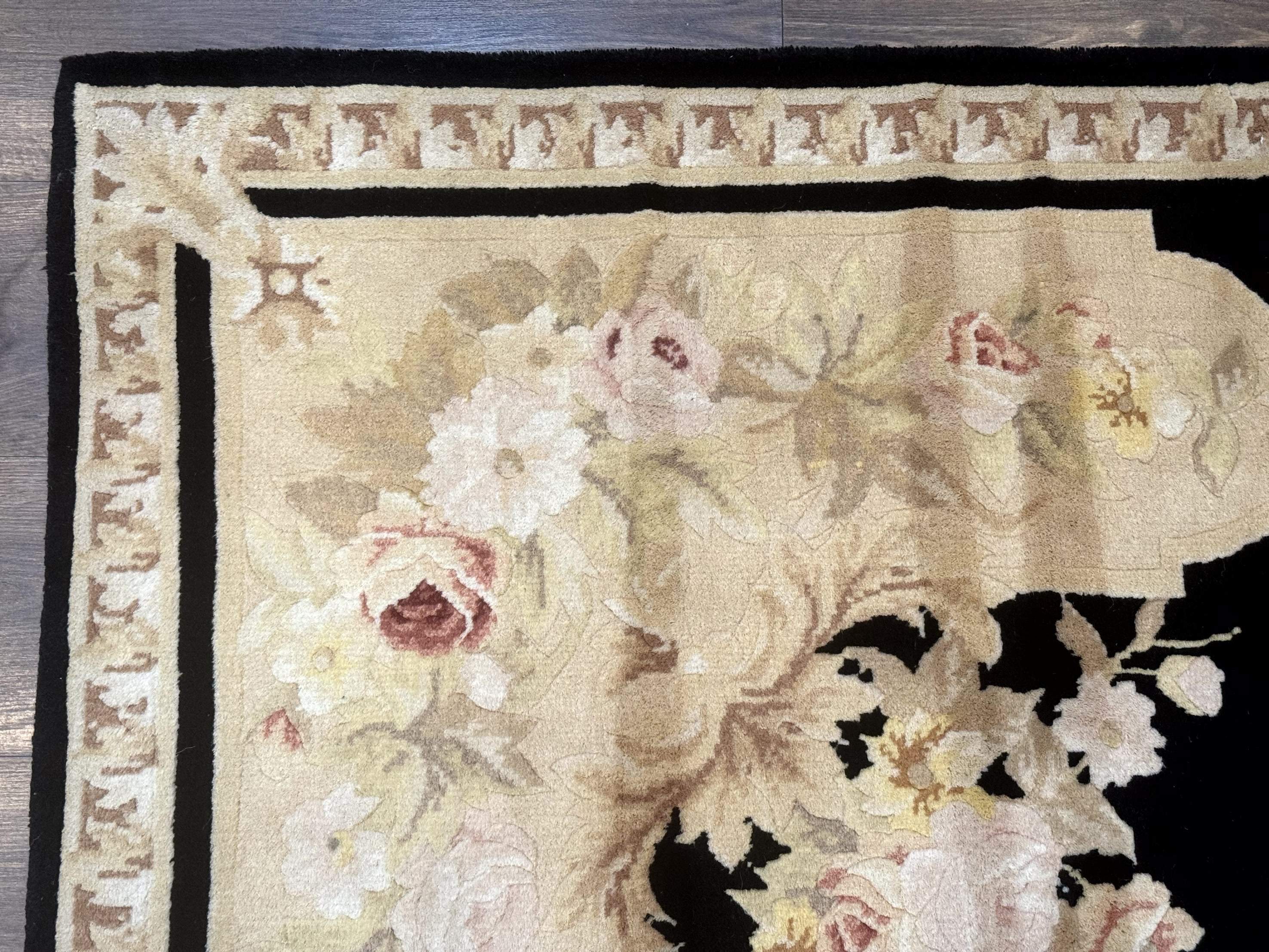 Chinese Aubusson Rug 6x9, Wool Pile, Black, Floral, Elegant