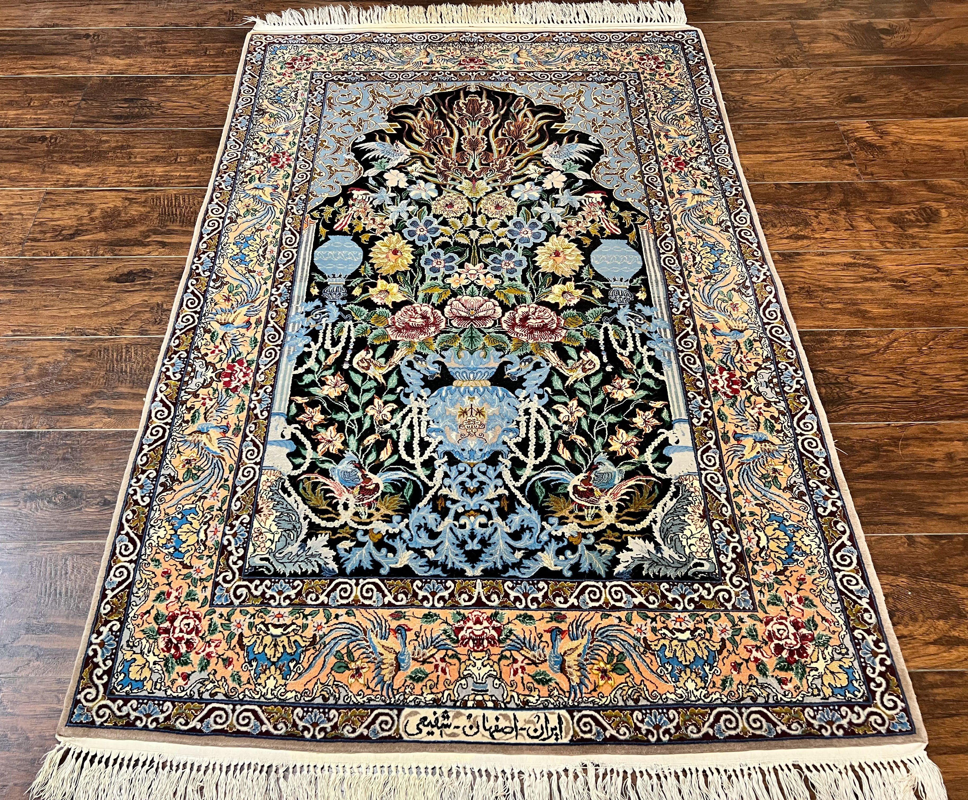 Wonderful Persian Isfahan Rug 3.7 x 5, Kork Wool on Silk Foundation, Very Fine 460 KPSI, Tree of Life Persian Vase Design Animal Pictorials Peacocks