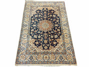 Persian Isfahan Rug 4x5, Navy Blue & Ivory, Wool and Silk Highlights