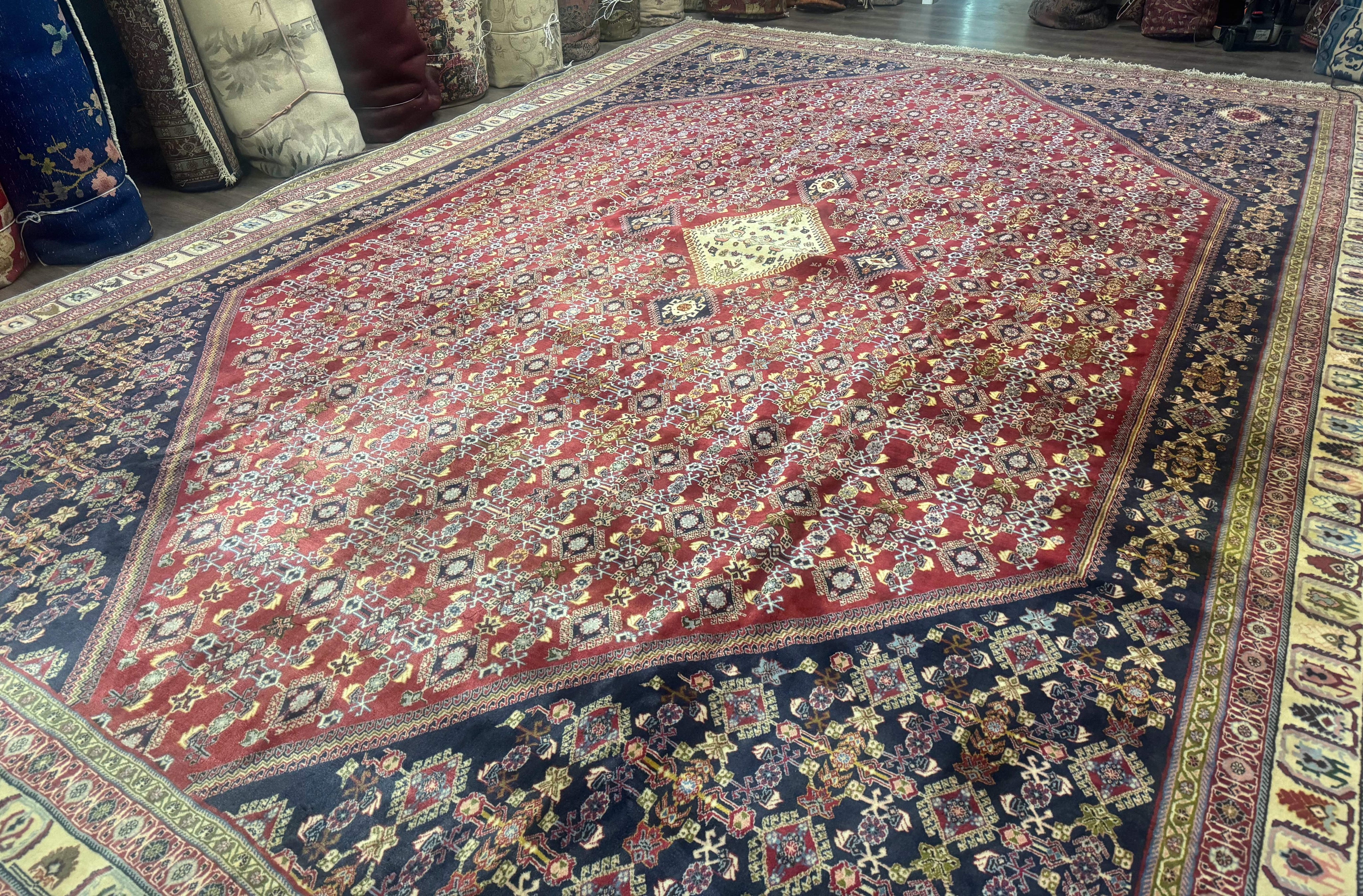 Palace Size Persian Shiraz Rug 13x19, Tribal Rug, Herati Pattern, Brick Red Navy Blue Beige, Oversized Persian Wool Area Rug, Extra Large