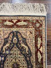 Silk Turkish Hereke Rug 2x3, Peacocks Birds, Signature from Master Weaver, Super Finely Hand Knotted 550 KPSI, Animal Pictorials