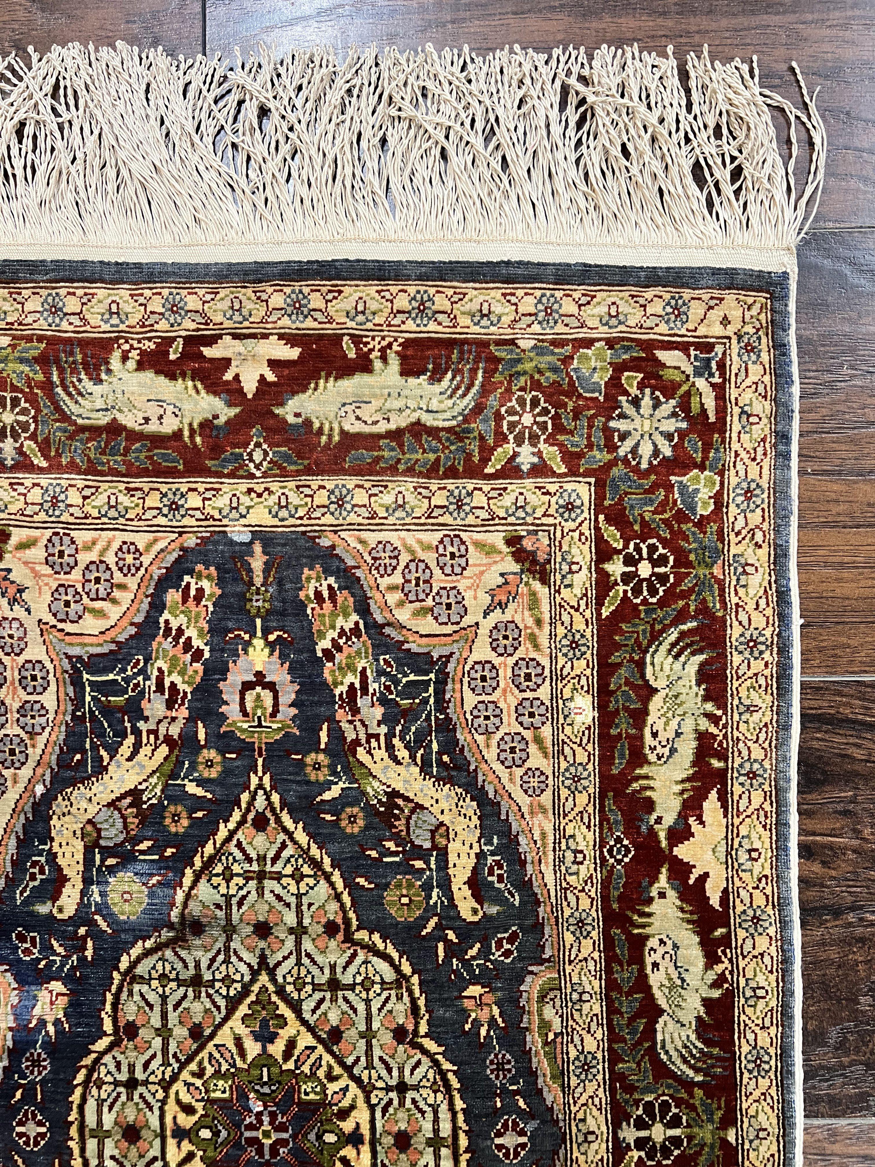 Silk Turkish Hereke Rug 2x3, Peacocks Birds, Signature from Master Weaver, Super Finely Hand Knotted 550 KPSI, Animal Pictorials