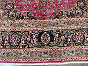 Persian Rug 10x13, Wool Hand Knotted Antique Kashmar Carpet, Raspberry Red & Navy Blue, Floral Medallion, Traditional Oriental Rug 10 x 13