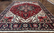 Indo Persian Heriz Rug 8x10, Geometric Medallion, Brick Red Ivory Navy Blue, Room Sized Heriz Carpet, Wool Rug