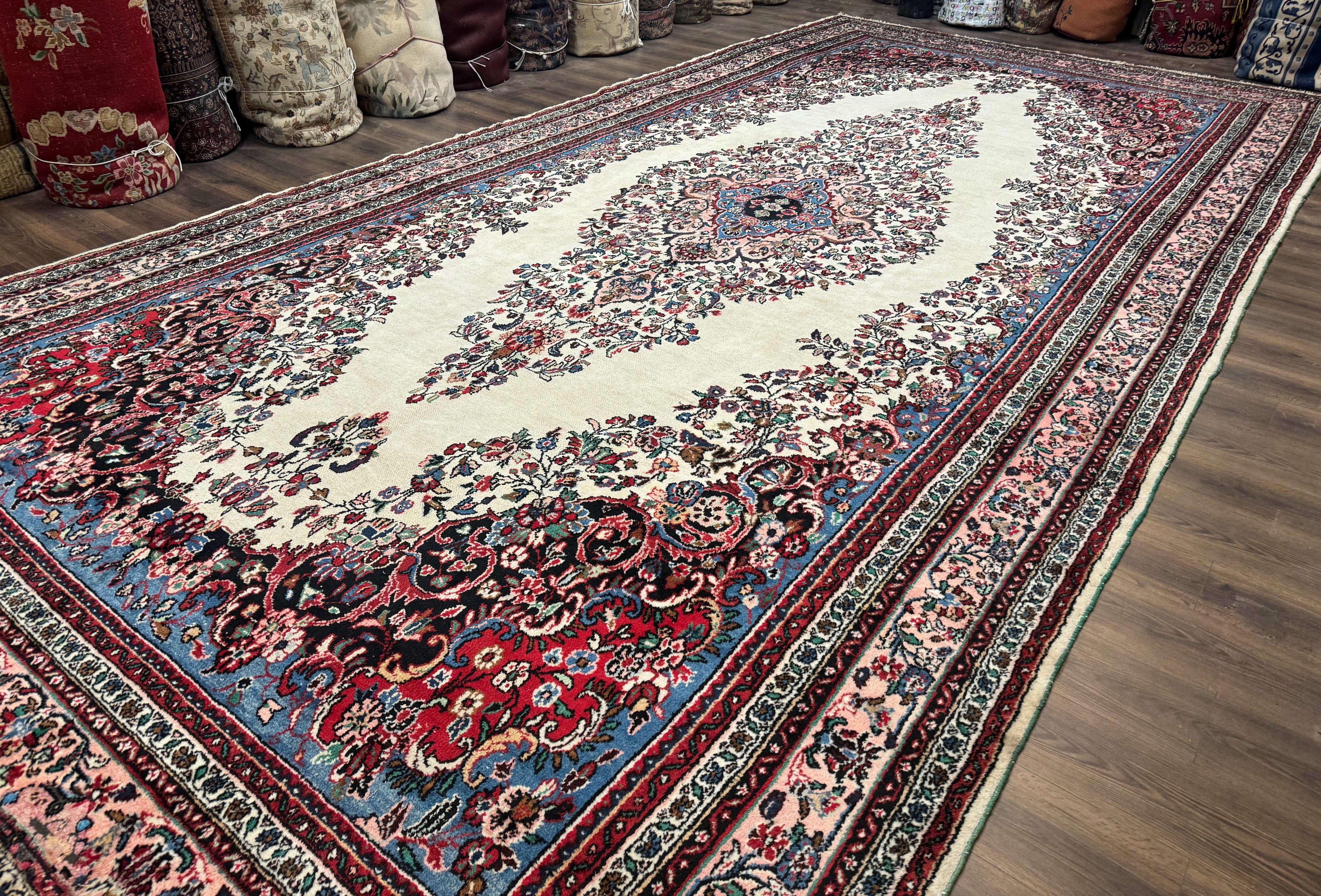 Palace Size Persian Rug 10 x 21 ft, Antique Hamadan Bibikabad Carpet, Handmade Antique Wool Oversized Rug, Ivory, Semi Open Field