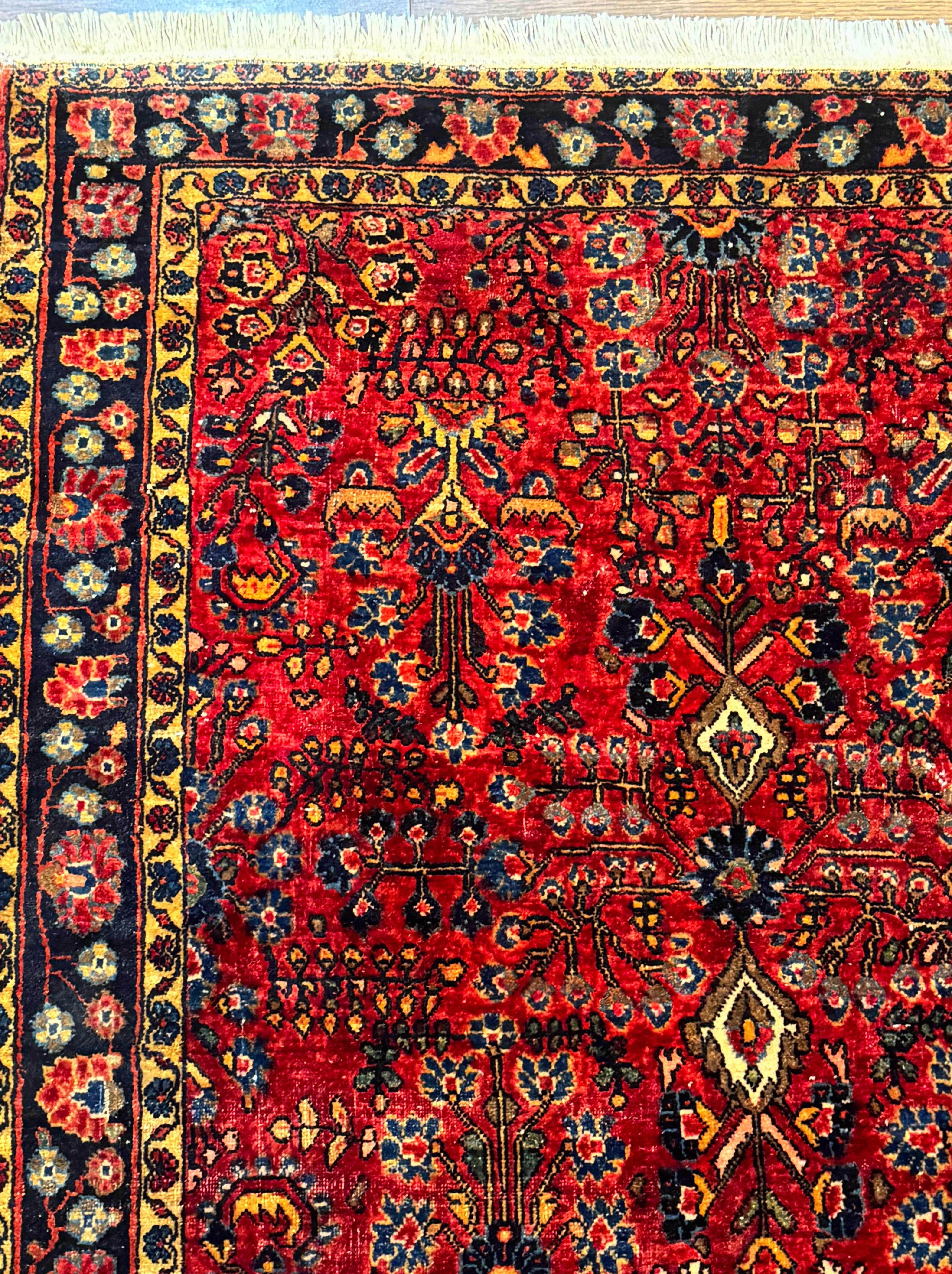 Antique Persian Sarouk Rug 3x4, Red, Floral, 1920s Wool Rug