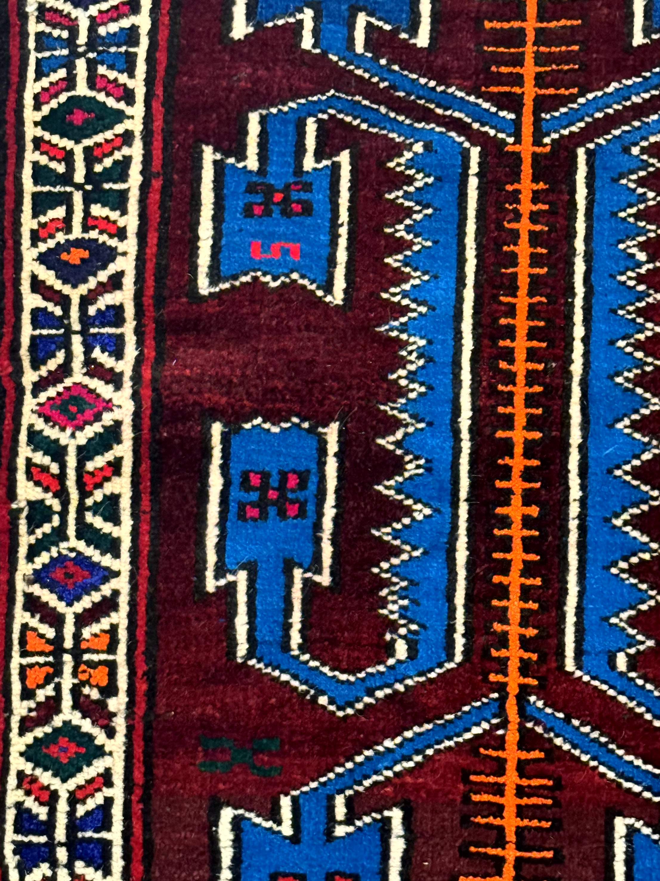 Persian Tribal Rug 1.8 x 2, Small Balouchi Rug, Unique Design, Burgundy and Blue