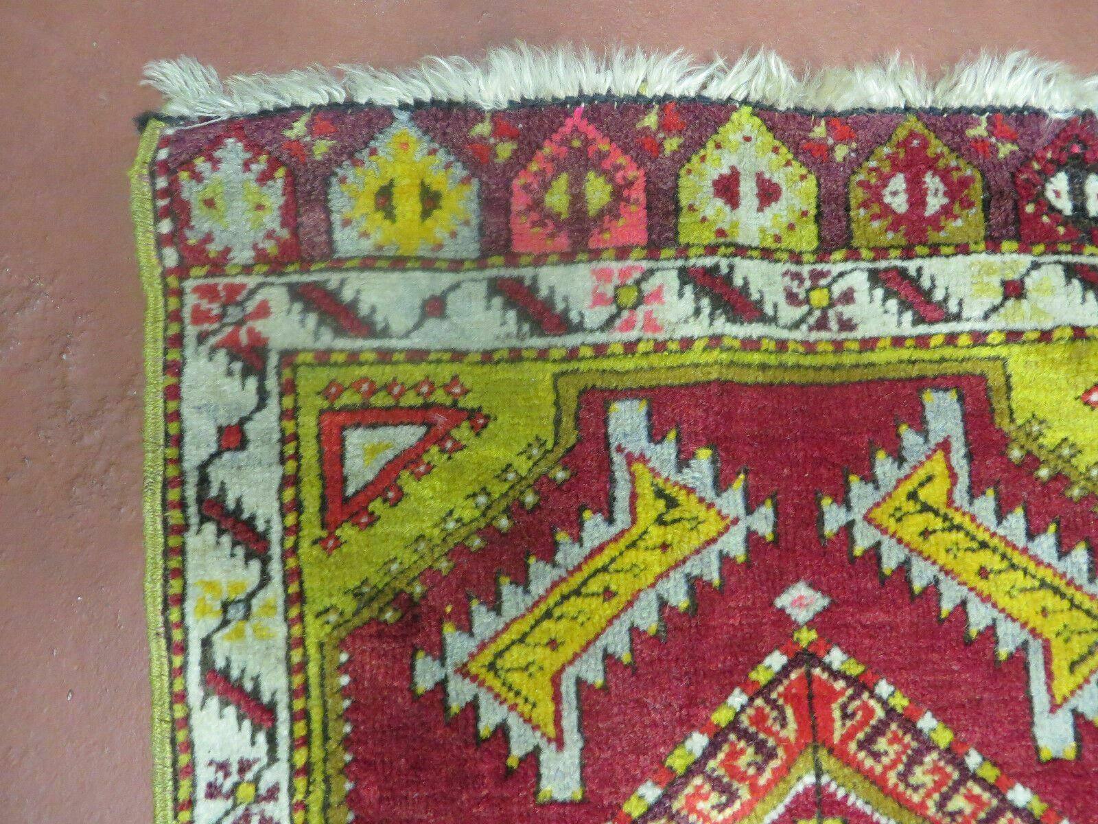 Antique Turkish Yastik Rug 2x3, Handmade Wool Oushak Small Oriental Carpet Red