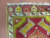 Antique Turkish Yastik Rug 2x3, Handmade Wool Oushak Small Oriental Carpet Red