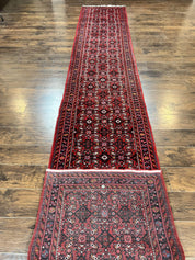 Persian Runner Rug 3 x 16, Wool Handmade Long Antique Hamadan Oriental Rug for Hallway, Red Tribal Rug, Allover Pattern, 3x16 Runner Rug