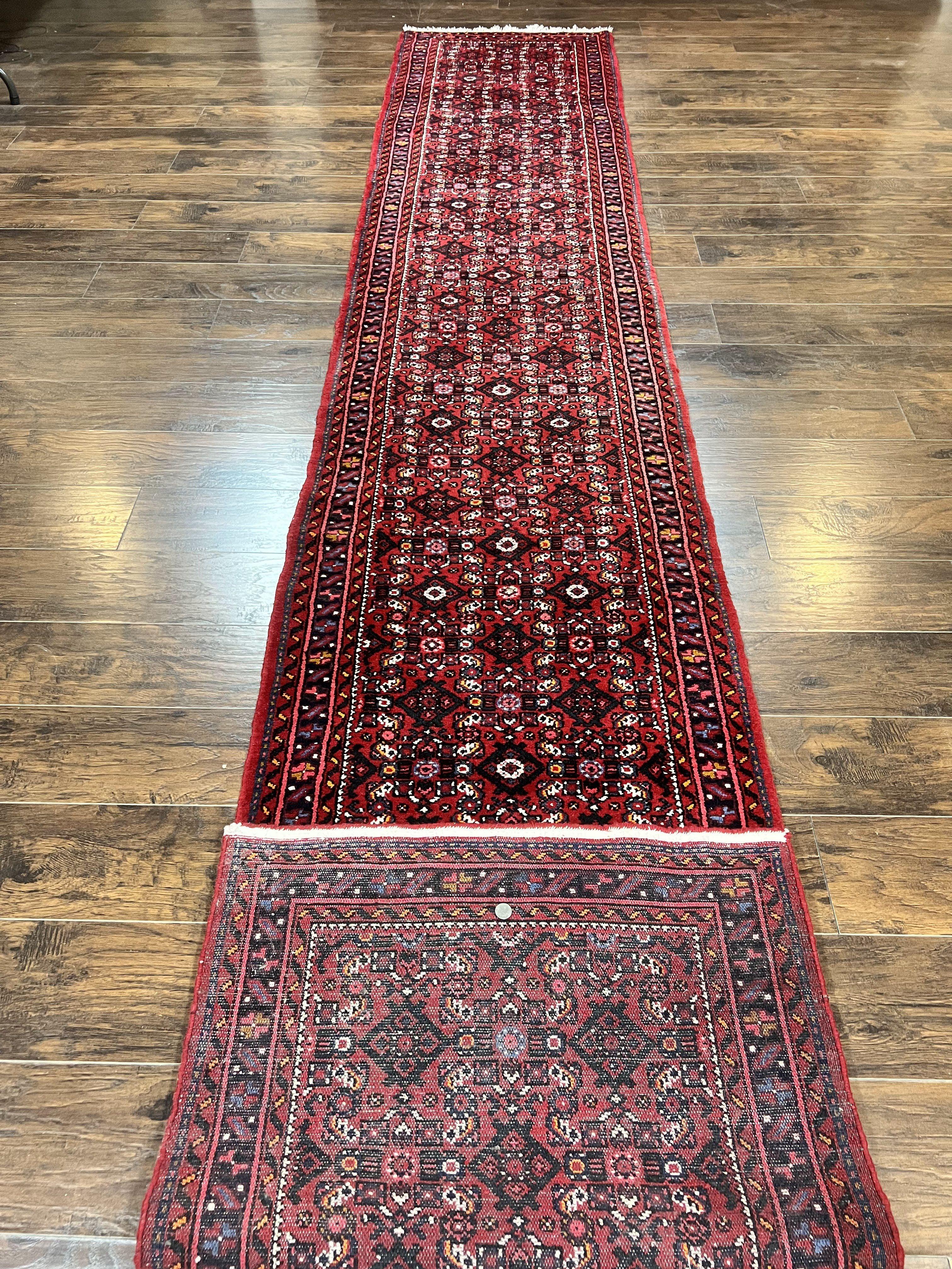 Persian Runner Rug 3 x 16, Wool Handmade Long Antique Hamadan Oriental Rug for Hallway, Red Tribal Rug, Allover Pattern, 3x16 Runner Rug