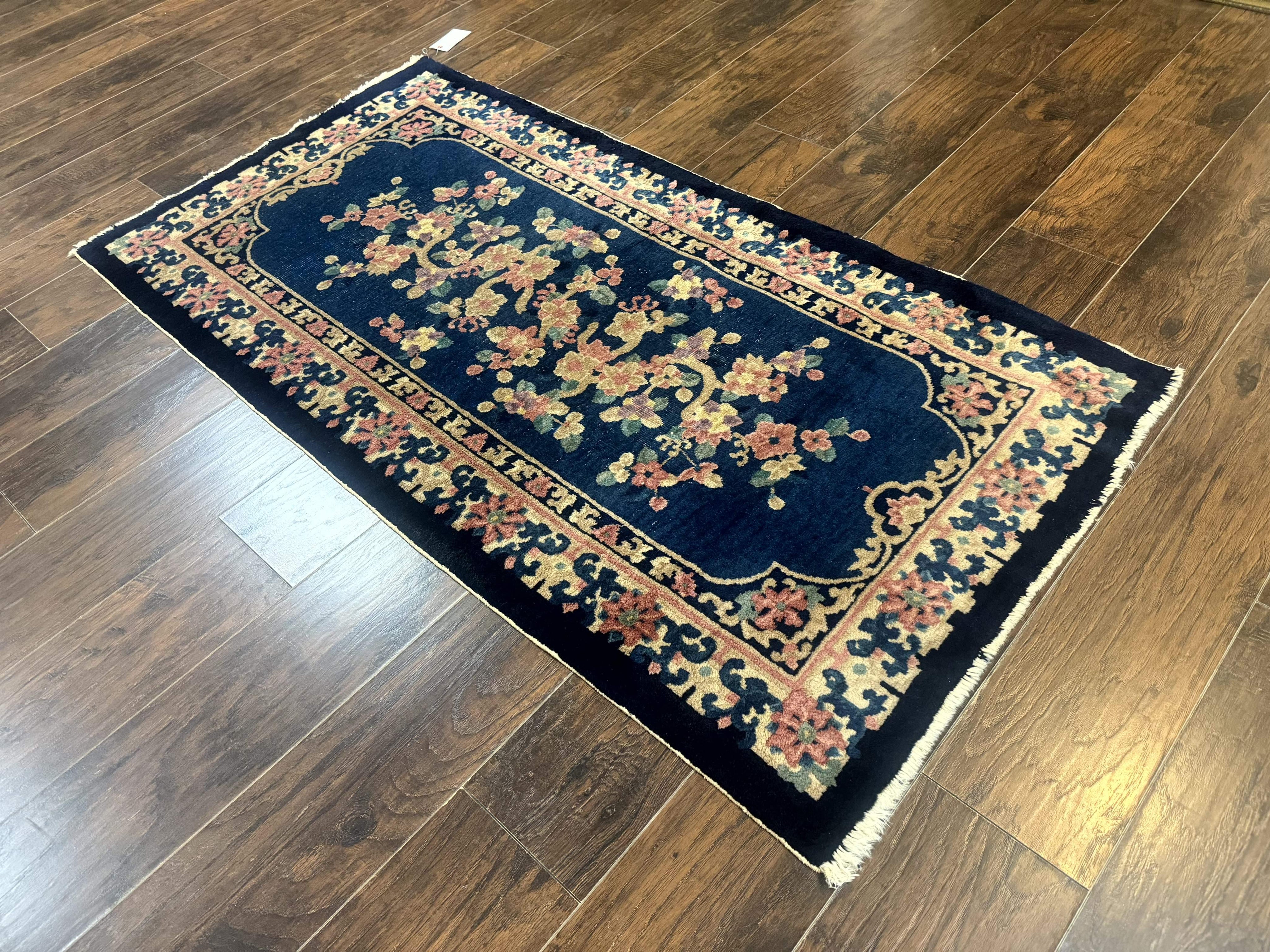 Blue and Beige Chinese Wool Rug 3x6, Chinese Fete Rug, Peking Rug, Antique Chinese Carpet