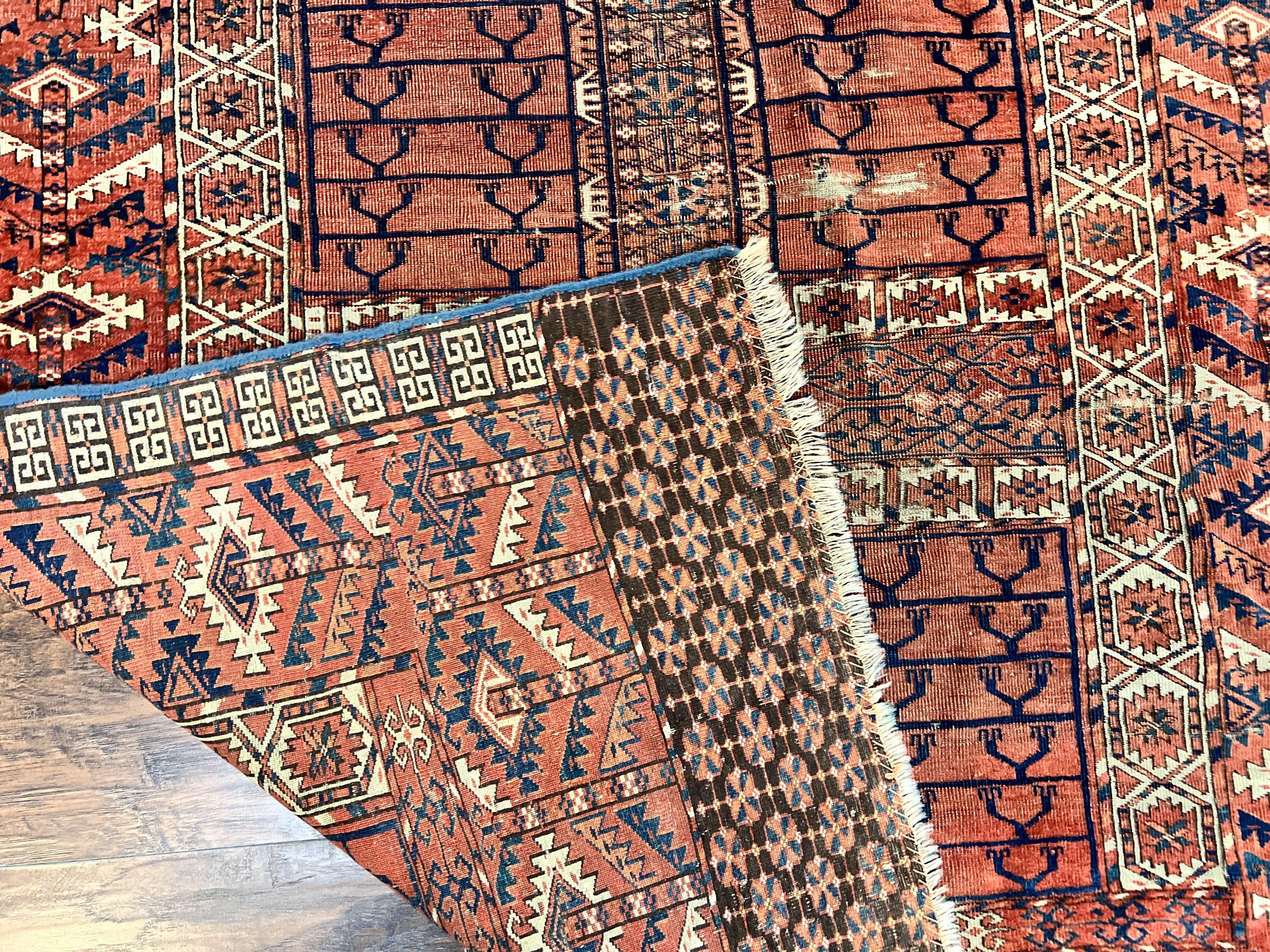 Antique Turkoman Rug 4x4, Hatchli Square Carpet, Wool Handmade Four Season Yamud Design Rug, Red Bohemian Tribal Rug, Engsi Tekkeh Rug