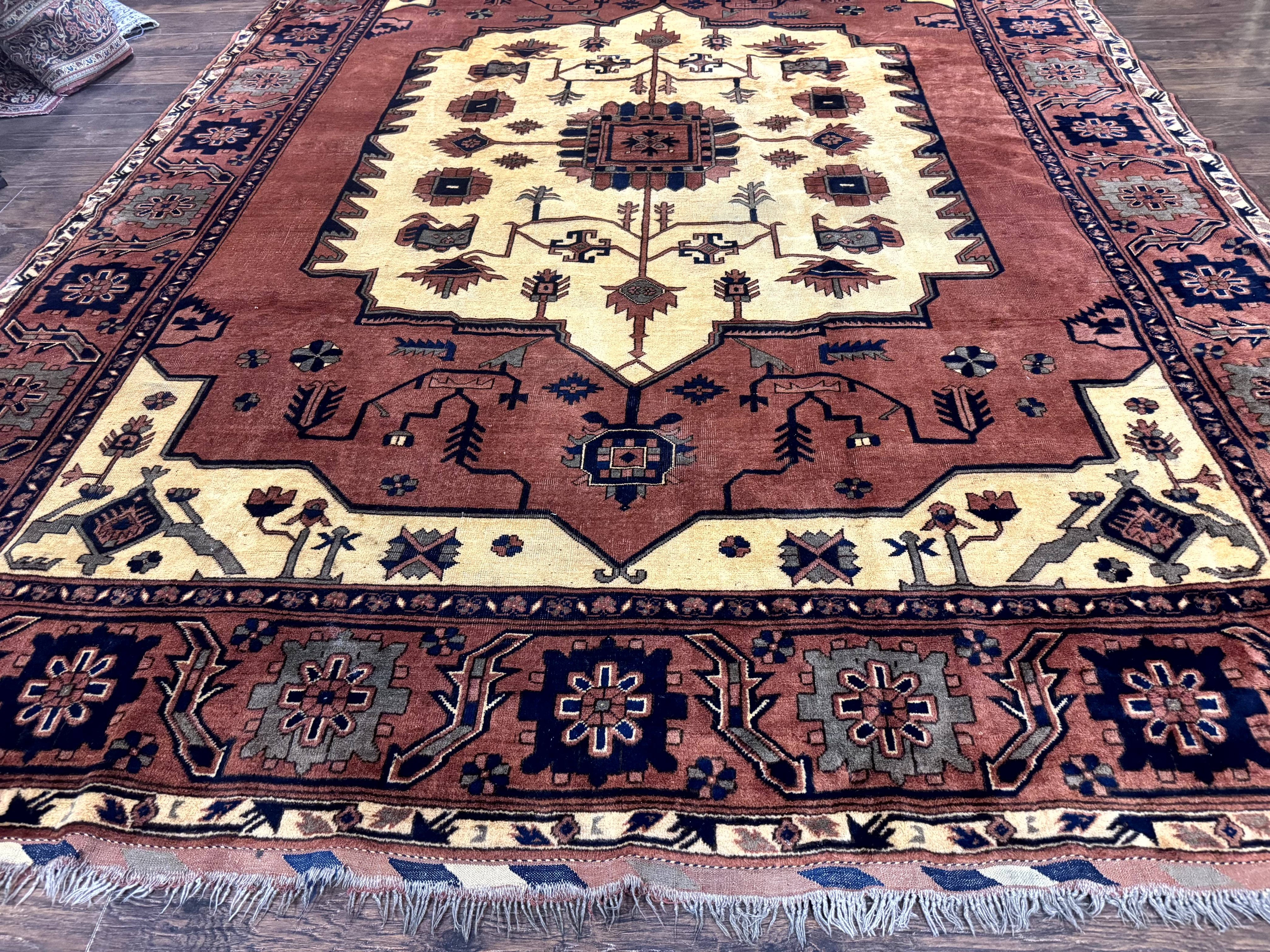 Afghan Heriz Rug 9x12, Tribal Geometric Serapi Carpet, Rust Cream and Navy, Wool on Wool