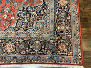Red Persian Kashan Rug 10x14, Hand-Knotted Semi Antique Floral Medallion Handmade Wool Carpet, Red & Navy Blue