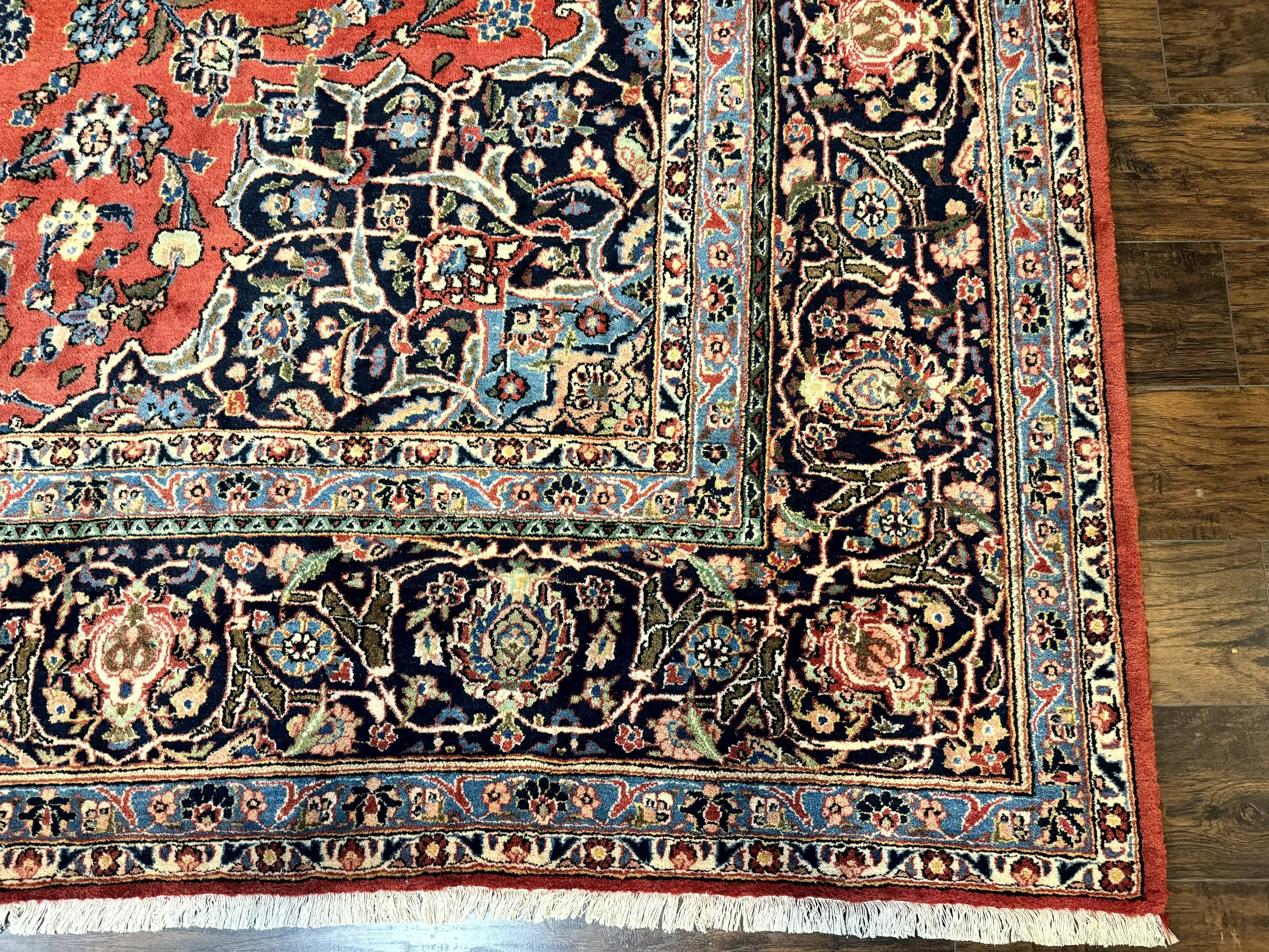 Red Persian Kashan Rug 10x14, Hand-Knotted Semi Antique Floral Medallion Handmade Wool Carpet, Red & Navy Blue