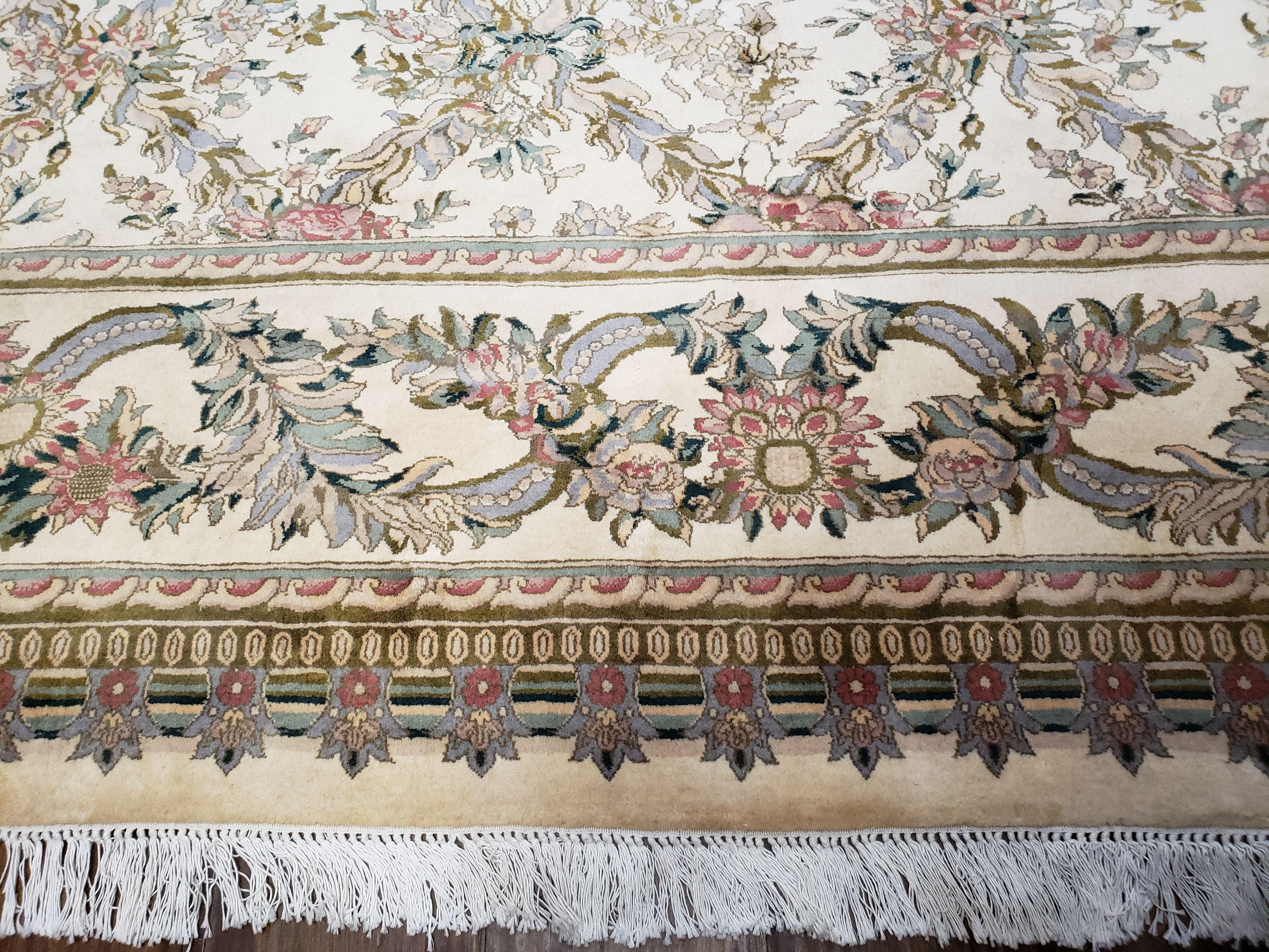 Pak Persian Floral Rug 11 x 12.6, Ivory, Very Fine, Hand Knotted