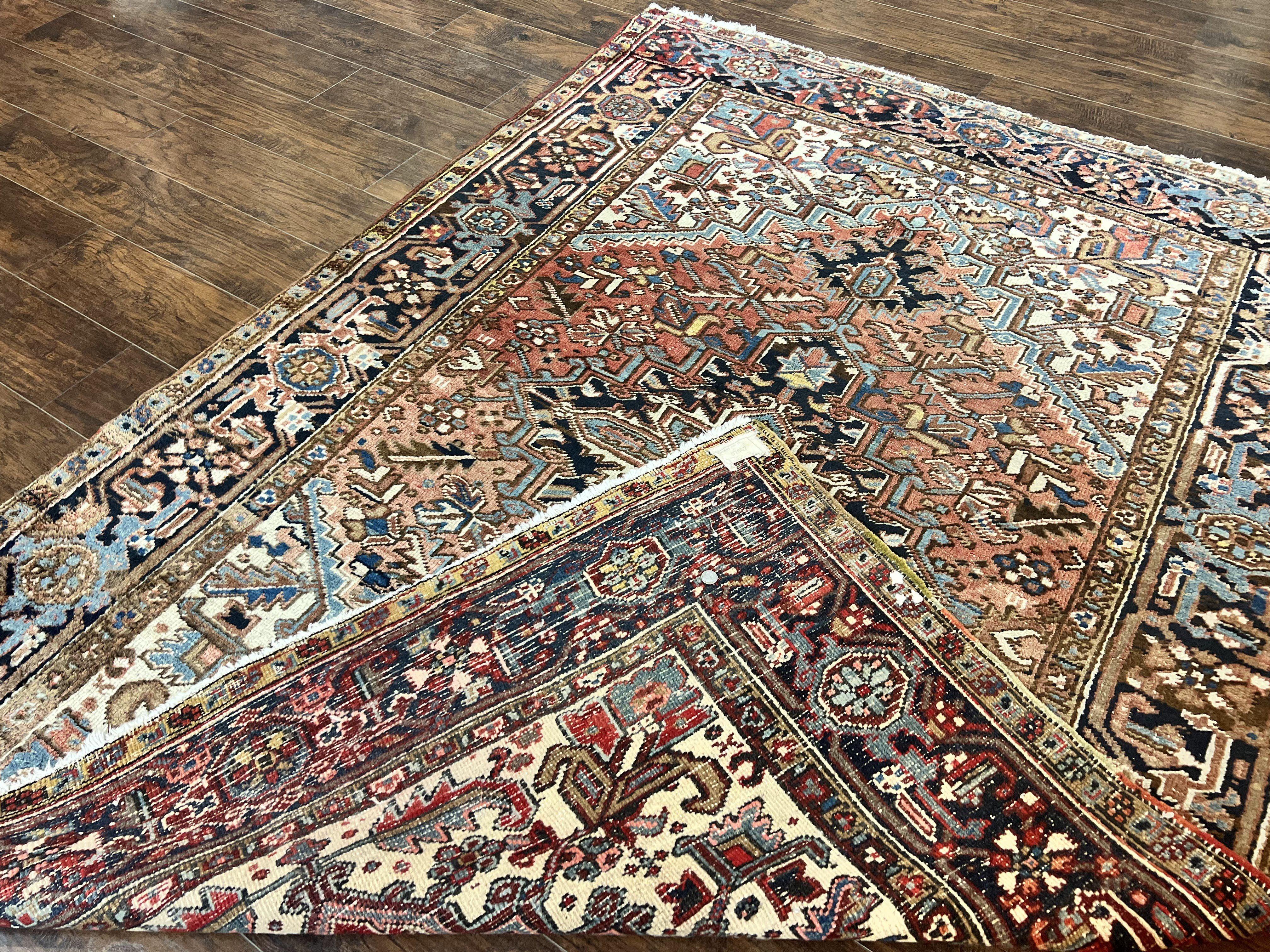 Antique Persian Heriz Rug 6x8, Geometric Medallion, 1920s Oriental Carpet, Handmade Wool Rug