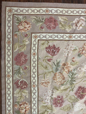 Aubusson Rug 9x12, Pink Beige Light Mauve, Handmade Allover Floral Roses, Wool Flatweave Carpet 9 x 12 ft, European French Design, Elegant