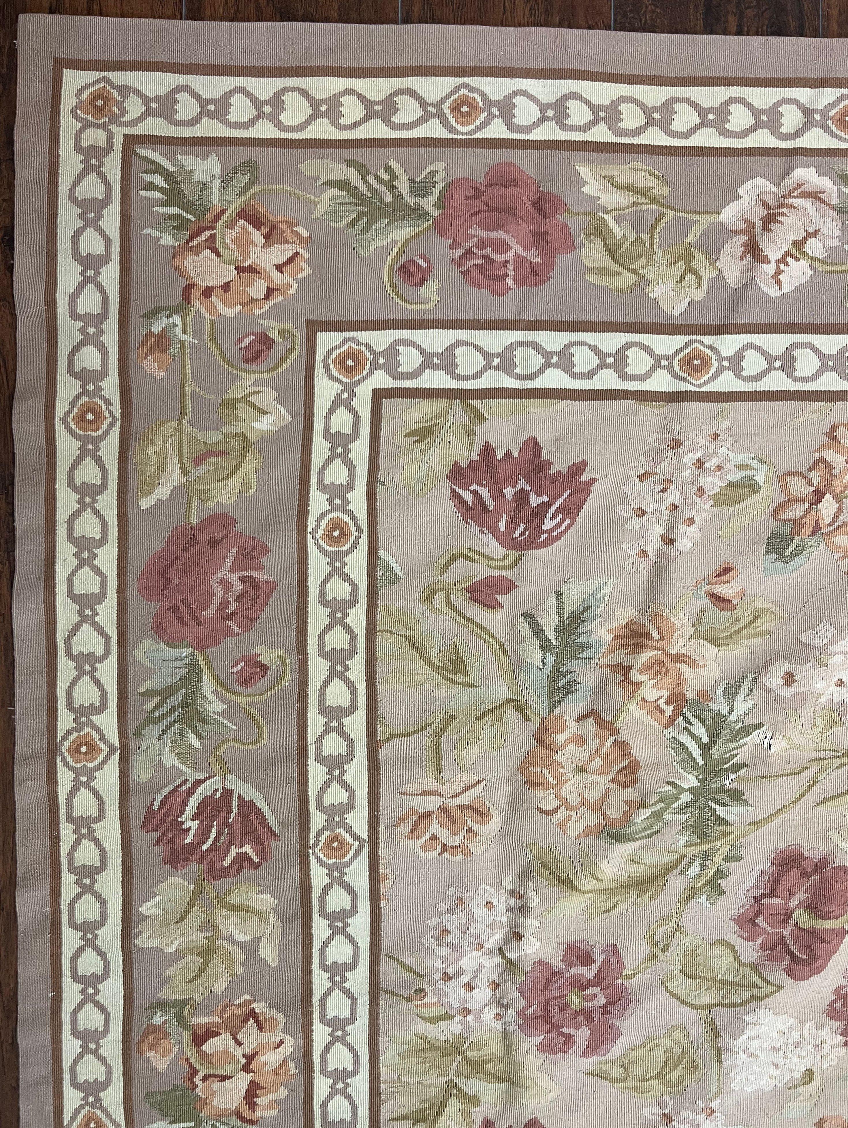 Aubusson Rug 9x12, Pink Beige Light Mauve, Handmade Allover Floral Roses, Wool Flatweave Carpet 9 x 12 ft, European French Design, Elegant