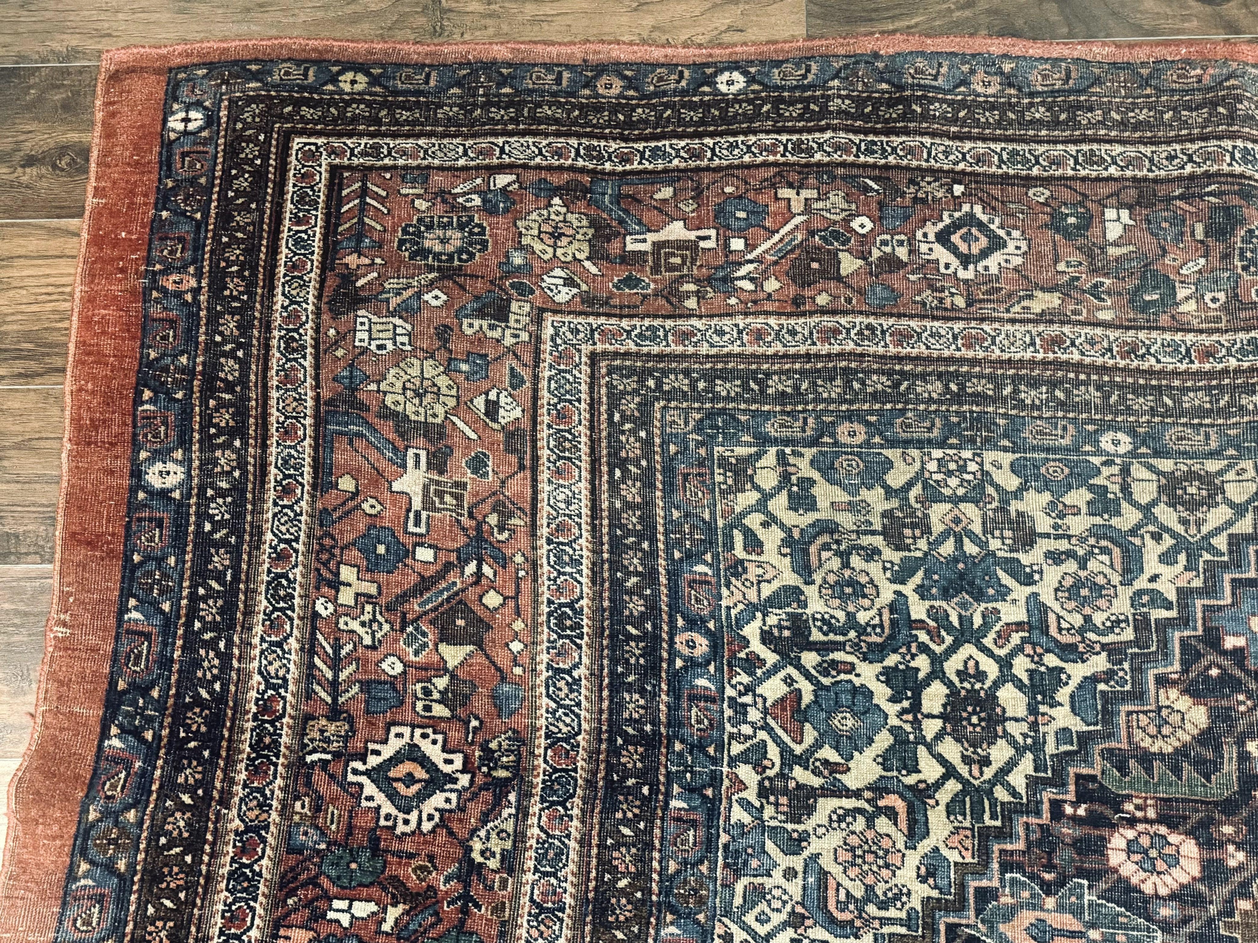 Antique Persian Bidjar Rug 8x15 – Navy Blue, Herati Pattern, Early 20th Century