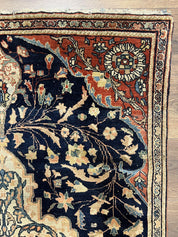 Antique Persian Rug 3.5 x 5, Sarouk Farahan Rug, High Quality 1920s Fine Oriental Carpet 3 x 5 ft, Large Medallion, Floral, Navy Blue Red, Hand Knotted Wool Rug