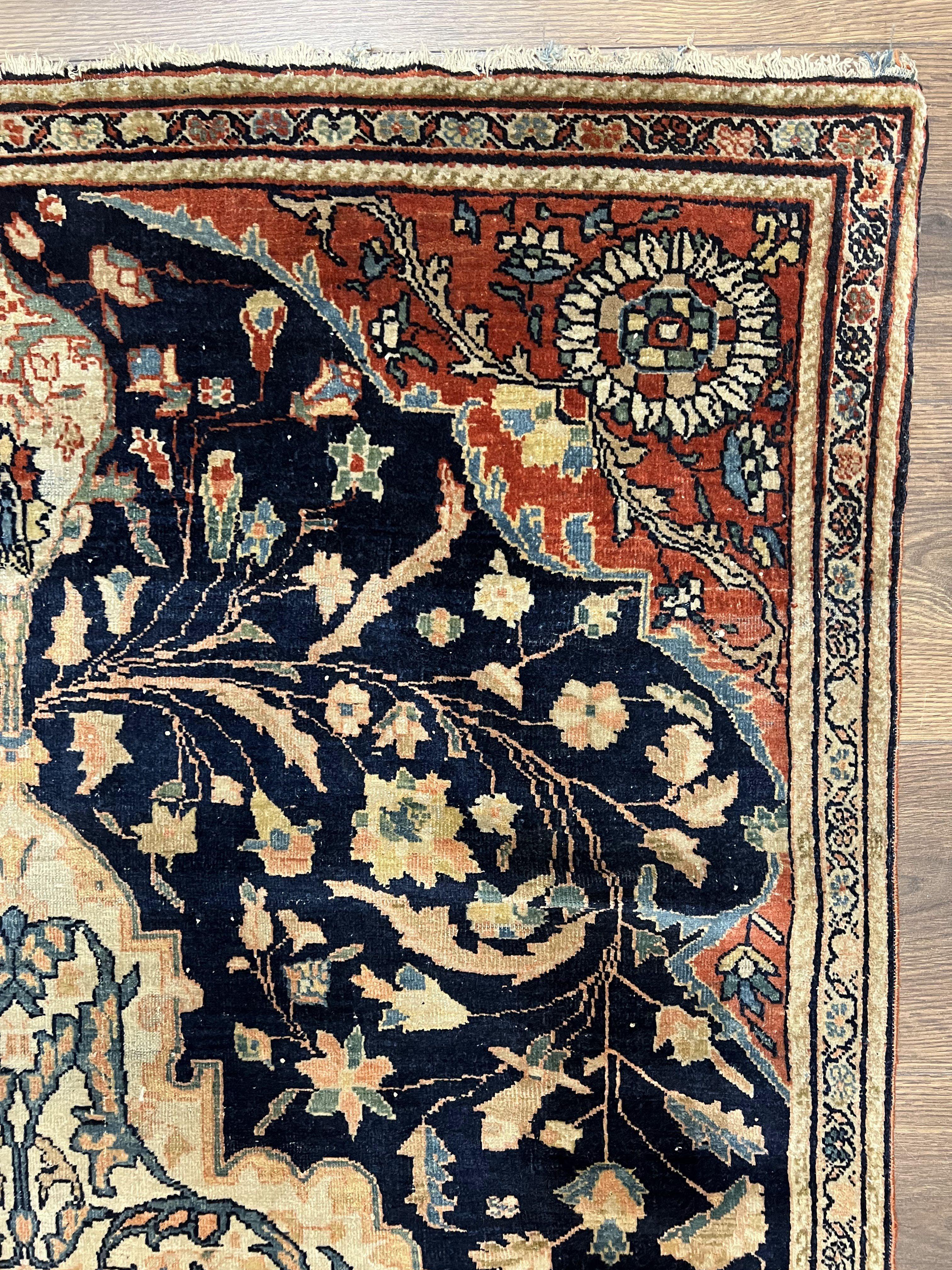Antique Persian Rug 3.5 x 5, Sarouk Farahan Rug, High Quality 1920s Fine Oriental Carpet 3 x 5 ft, Large Medallion, Floral, Navy Blue Red, Hand Knotted Wool Rug