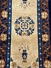 Silk Chinese Rug 2x4, Peking Carpet, Golden-Beige and Blue, Hand Knotted, Simple Design