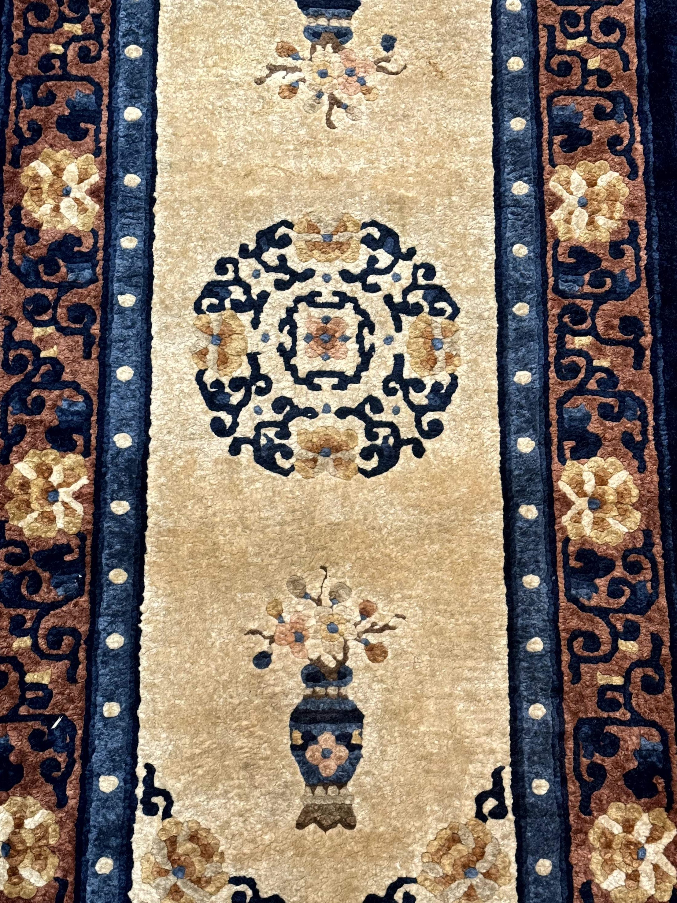 Silk Chinese Rug 2x4, Peking Carpet, Golden-Beige and Blue, Hand Knotted, Simple Design