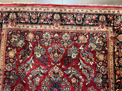 Rare Persian Almost Square Rug 6.3 x 5.3, Hand Knotted Wool Antique 1920s Sarouk Oriental Carpet, Red Navy Blue Beige, Floral Allover, 5x6 Area Rug