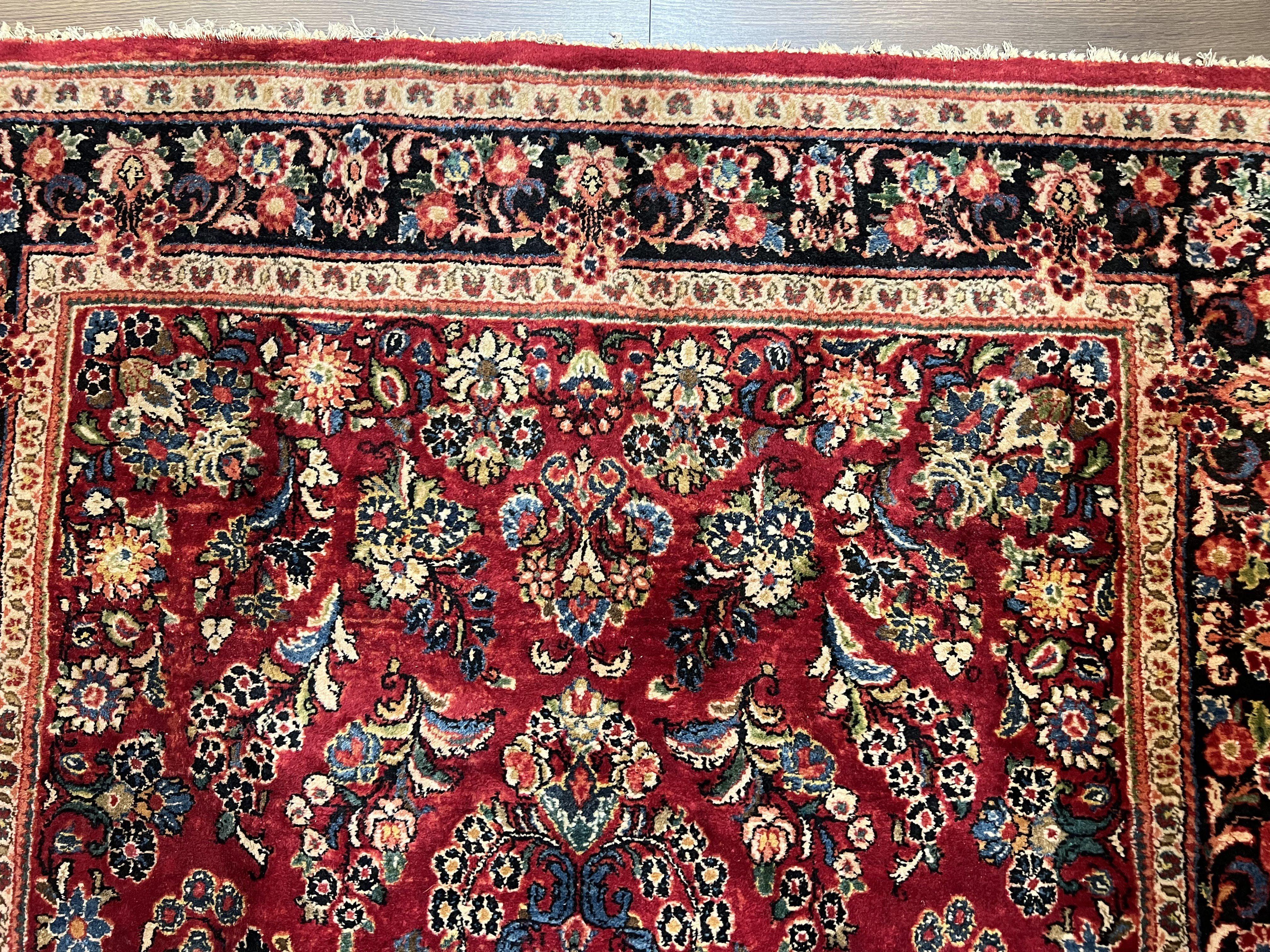 Rare Persian Almost Square Rug 6.3 x 5.3, Hand Knotted Wool Antique 1920s Sarouk Oriental Carpet, Red Navy Blue Beige, Floral Allover, 5x6 Area Rug