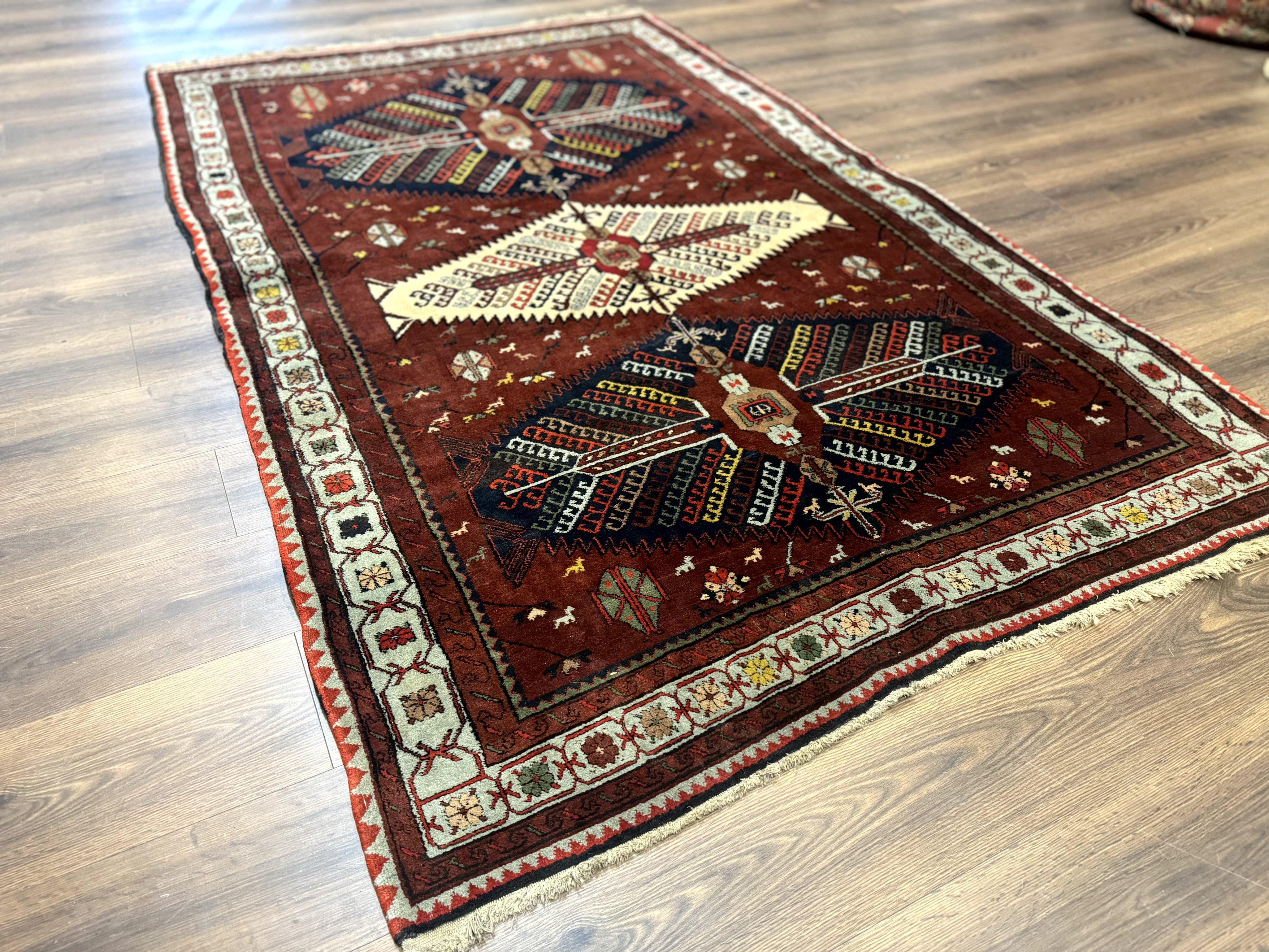 Antique Persian Tribal Rug 5 x 7.8, Triple Medallions, Red, Persian Afshar Rug