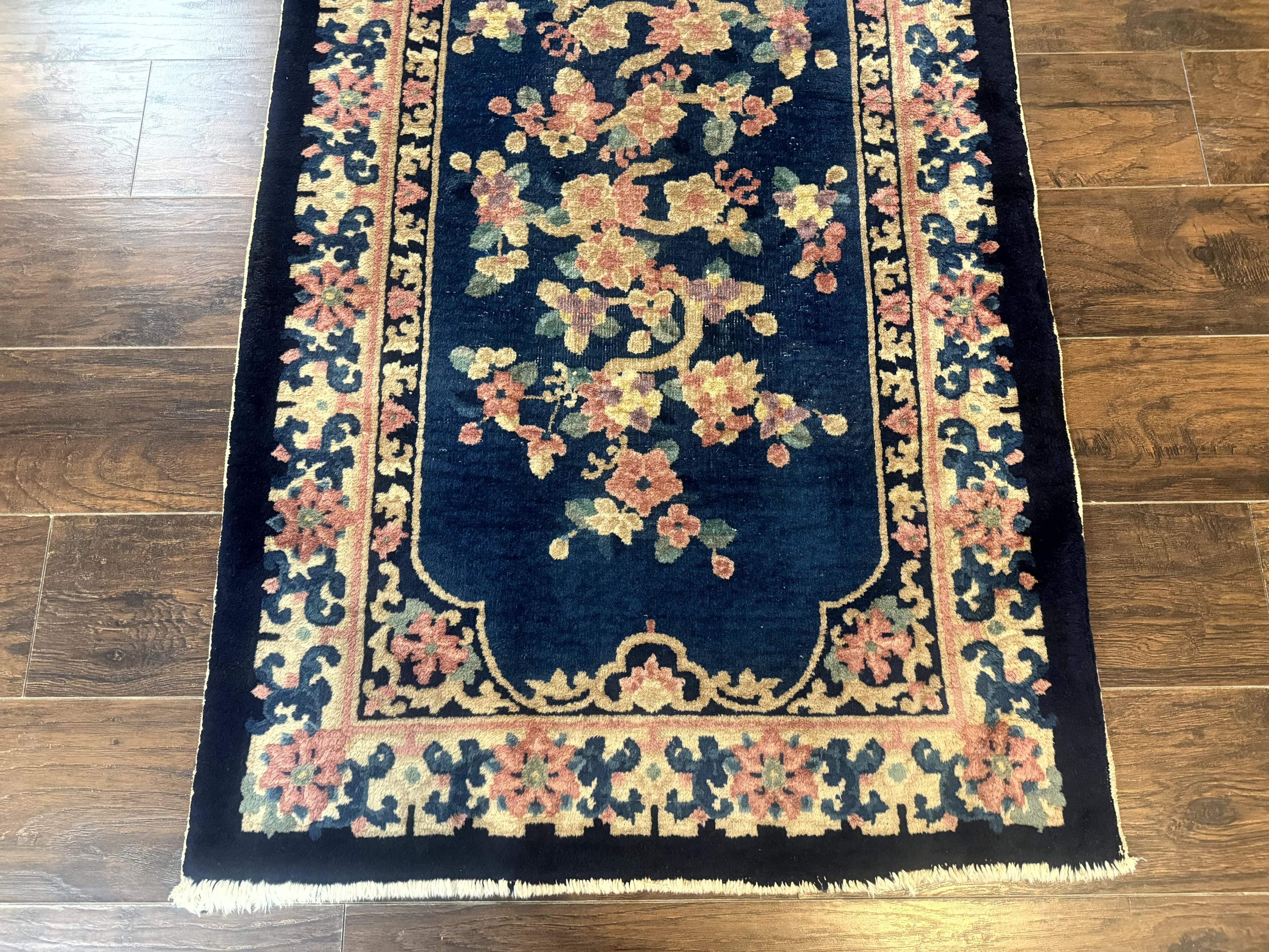 Blue and Beige Chinese Wool Rug 3x6, Chinese Fete Rug, Peking Rug, Antique Chinese Carpet