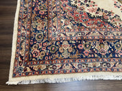 Persian Rug 9x10, Hamadan Rug, Antique Oriental Carpet, Wool Rug, Semi Open Field, Cream and Navy Blue, Kirman Design Hand Knotted Almost Square Rug